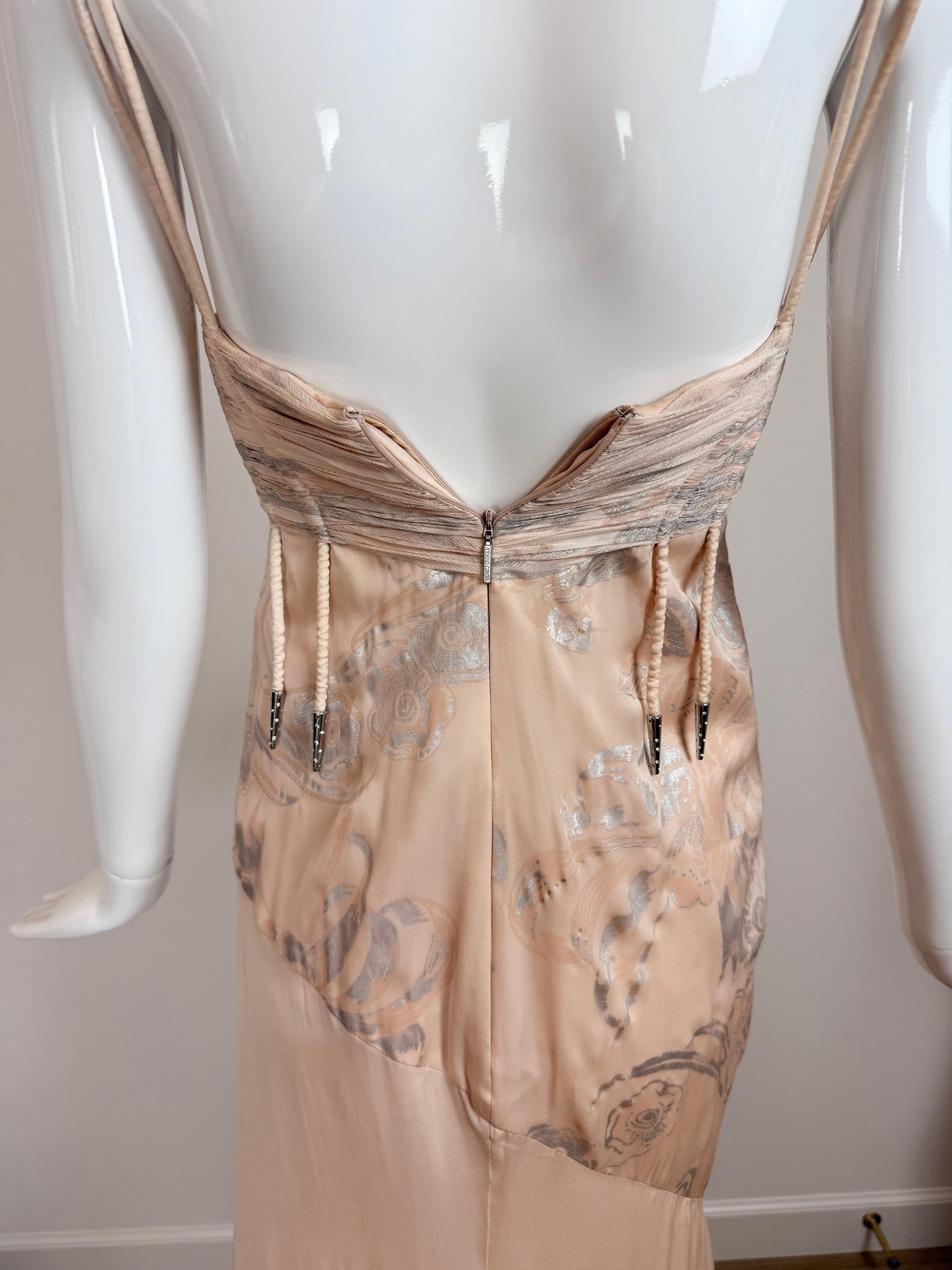 ROBERTO CAVALLI 2006 Vintage Silk Peach + Silver Evening Gown Maxi Dress Floral 7