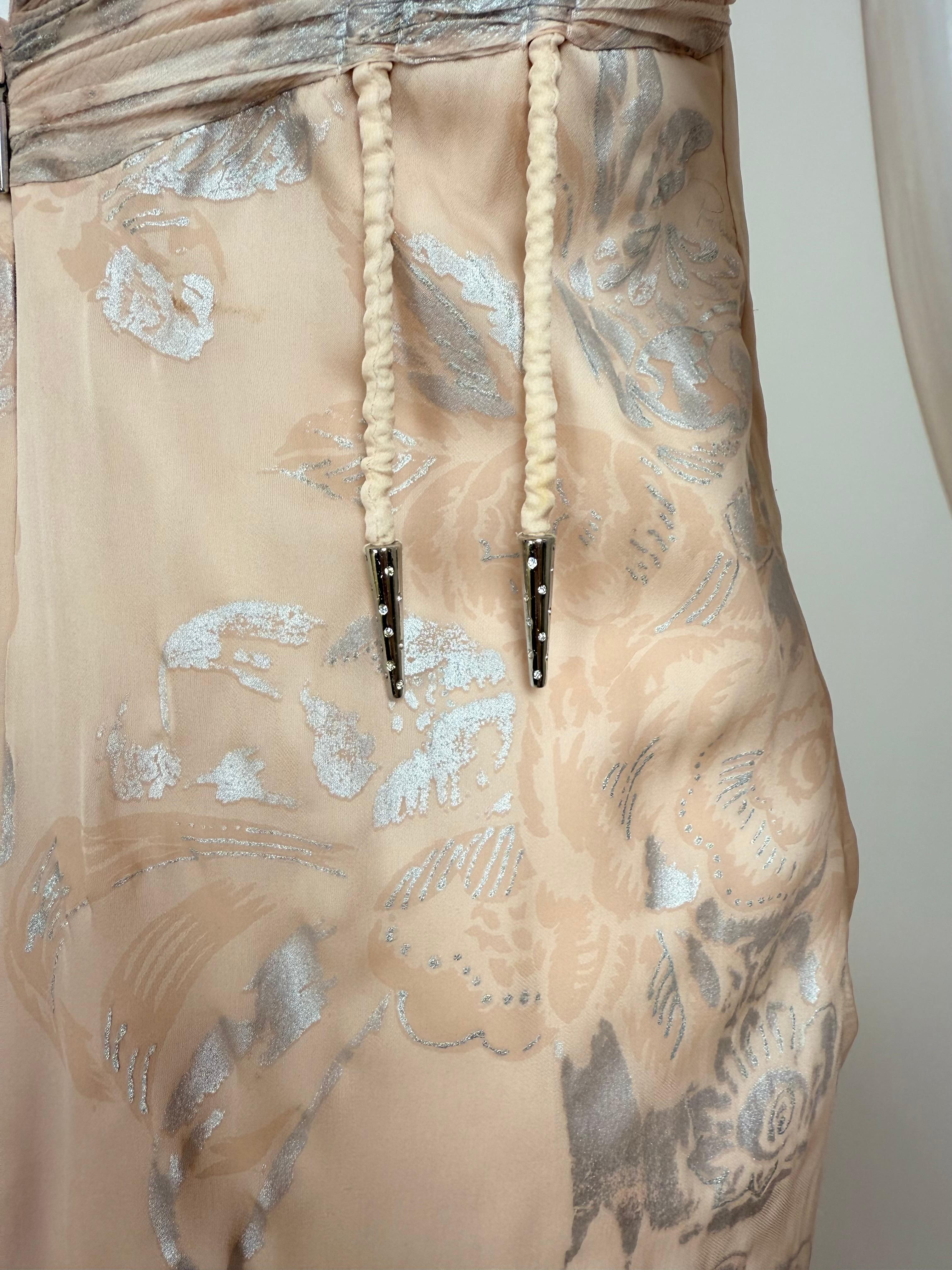 ROBERTO CAVALLI 2006 Vintage Silk Peach + Silver Evening Gown Maxi Dress Floral 8
