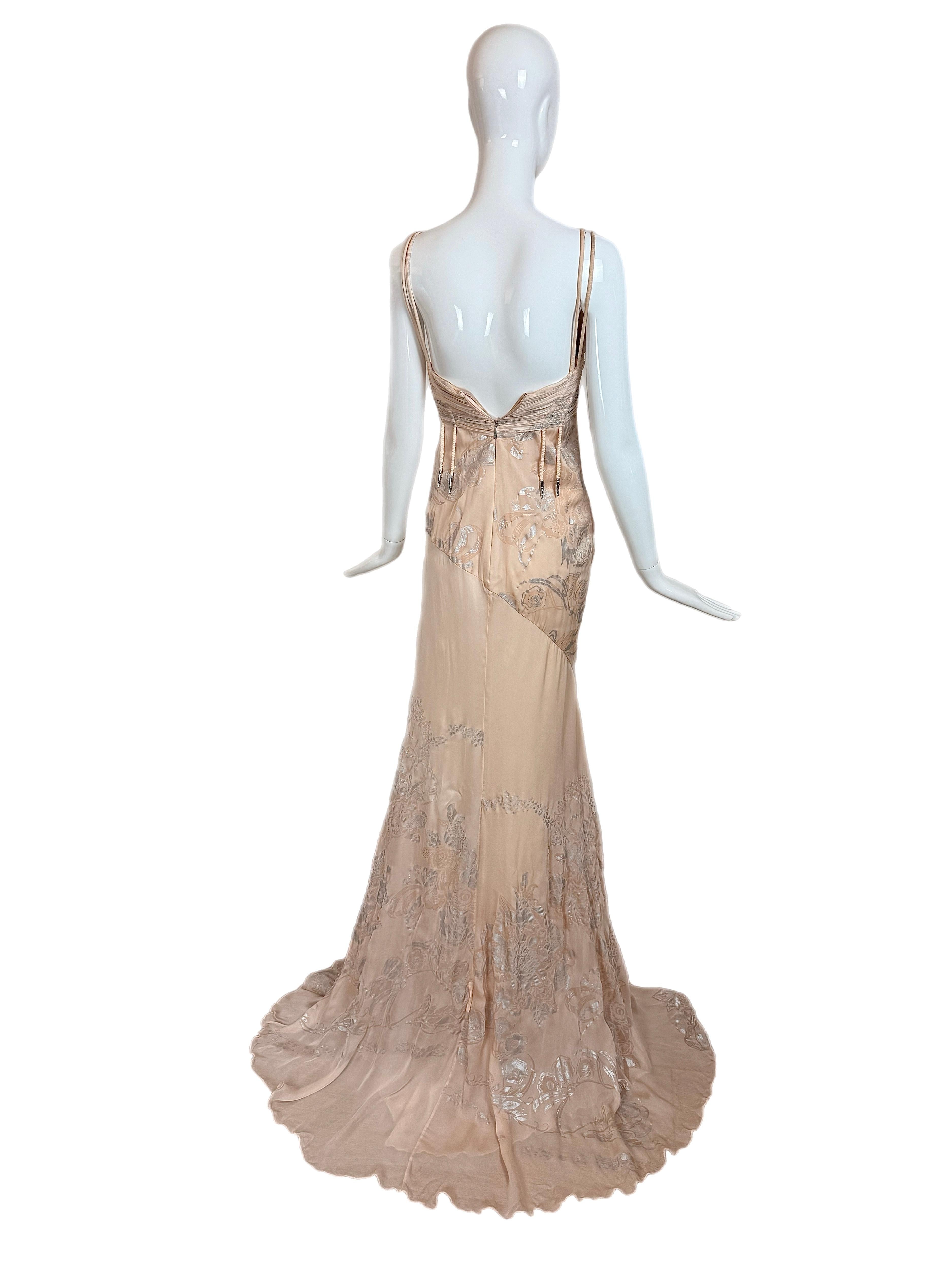 Brown ROBERTO CAVALLI 2006 Vintage Silk Peach + Silver Evening Gown Maxi Dress Floral