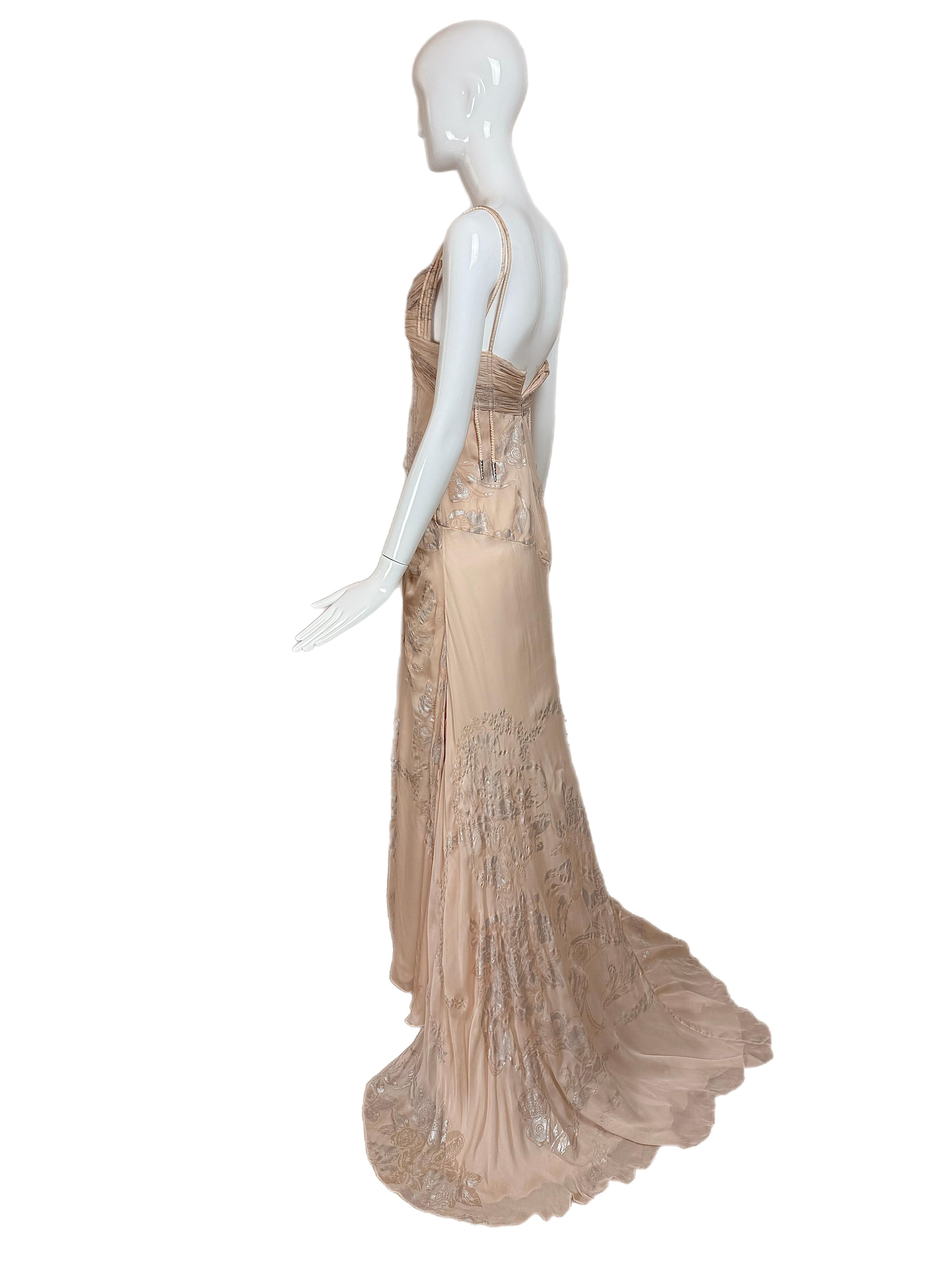 ROBERTO CAVALLI 2006 Vintage Silk Peach + Silver Evening Gown Maxi Dress Floral In Good Condition In Leonardo, NJ