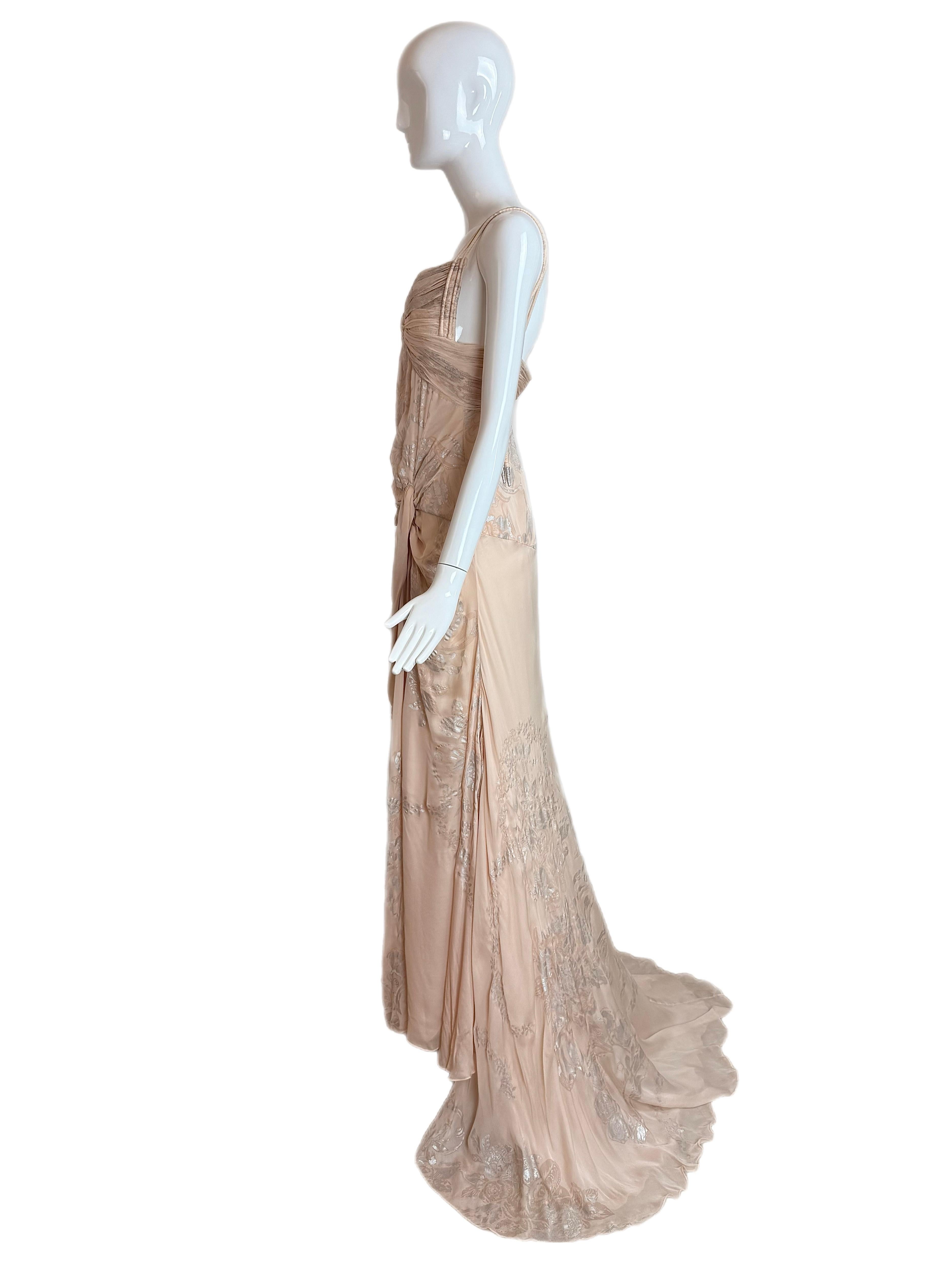 Women's ROBERTO CAVALLI 2006 Vintage Silk Peach + Silver Evening Gown Maxi Dress Floral