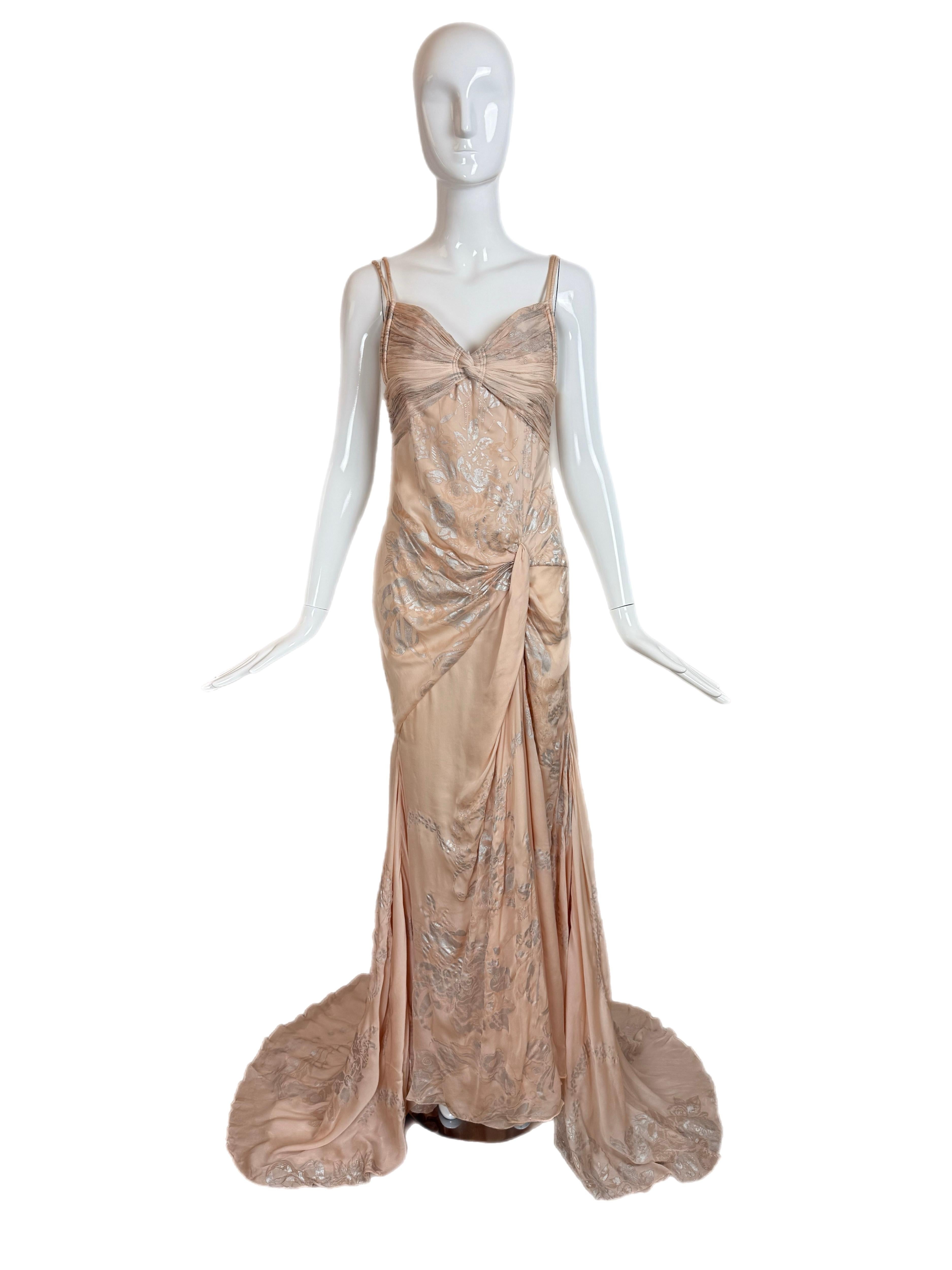 ROBERTO CAVALLI 2006 Vintage Silk Peach + Silver Evening Gown Maxi Dress Floral 1