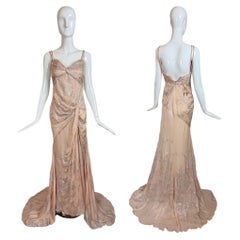 ROBERTO CAVALLI 2006 Vintage Silk Peach + Silver Evening Gown Maxi Dress Floral