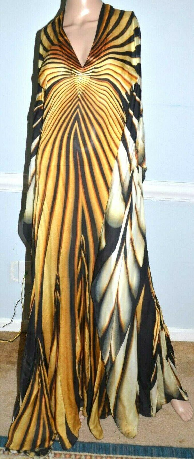 Roberto Cavalli 2007 Runway Tiger Long Maxi Gown Silk Kaftan Dress US 4 6 IT 42 3