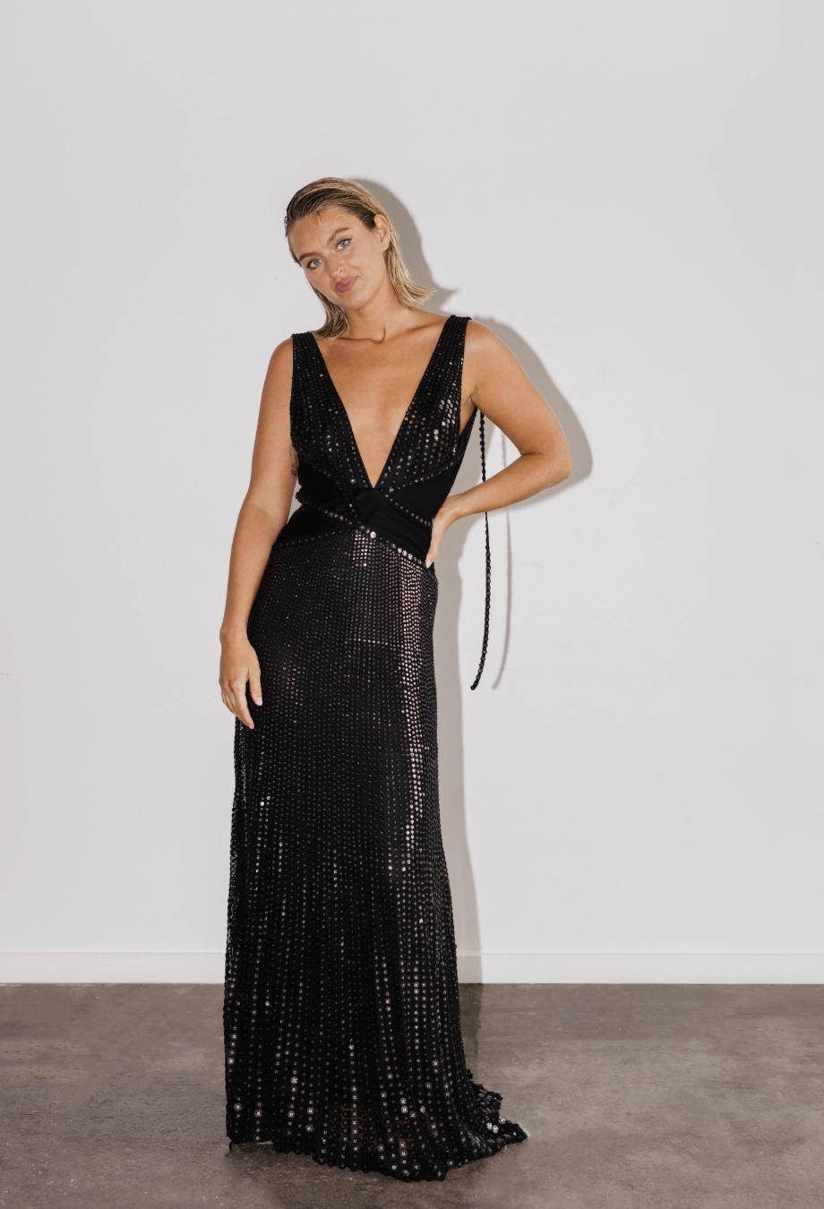 Roberto Cavalli 2007 Vintage Maxi Sequin Gown Dress Sz IT38 Negro en venta