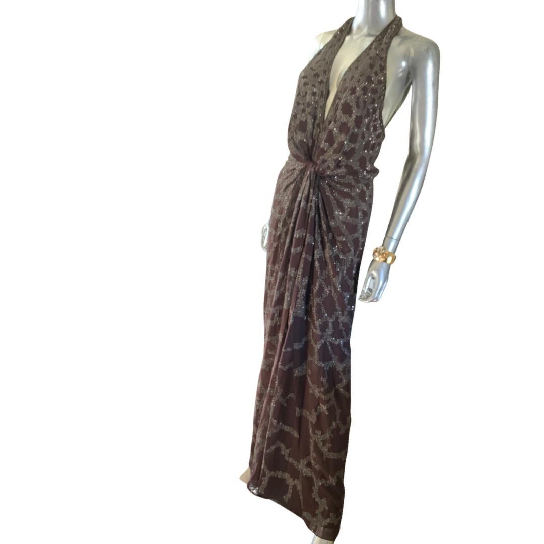 Roberto Cavalli 2008 Sexy Brown and Pewter Hand-Beaded Gown Italy, NWT Size 8 5