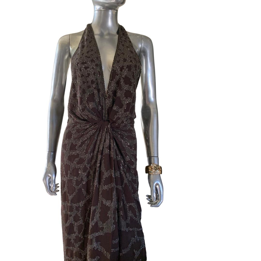 Roberto Cavalli 2008 Sexy Brown and Pewter Hand-Beaded Gown Italy, NWT Size 8 In Excellent Condition In Palm Springs, CA