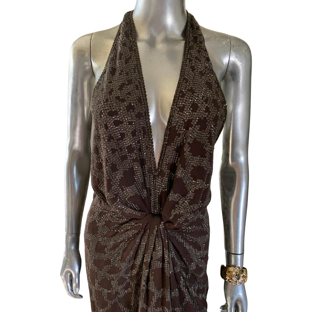 Roberto Cavalli 2008 Sexy Brown and Pewter Hand-Beaded Gown Italy, NWT Size 8 1