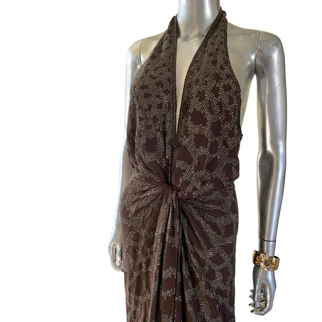 Roberto Cavalli 2008 Sexy Brown and Pewter Hand-Beaded Gown Italy, NWT Size 8 4