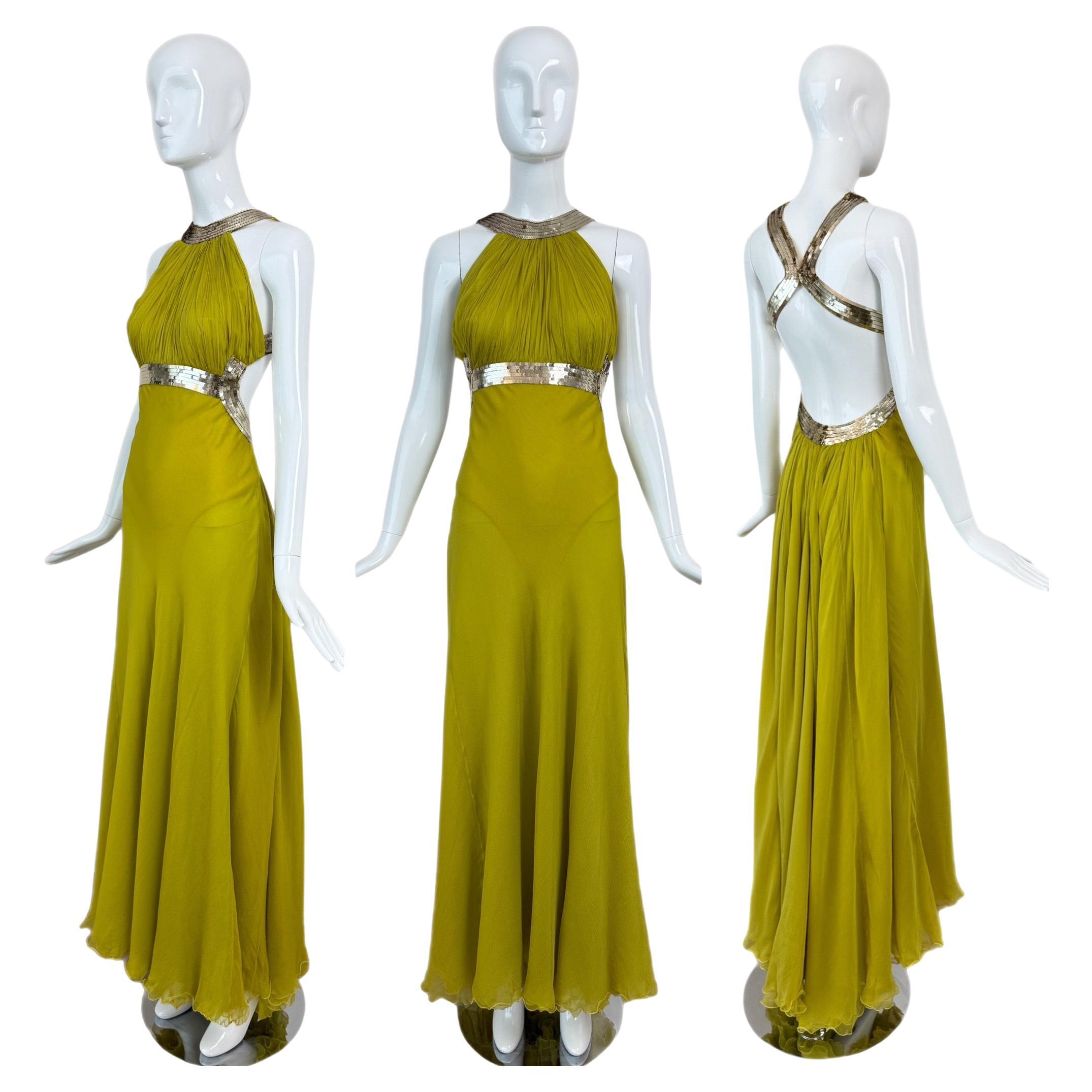 ROBERTO CAVALLI 2008 Vintage Silk Green Embellished Evening Gown Grecian Maxi