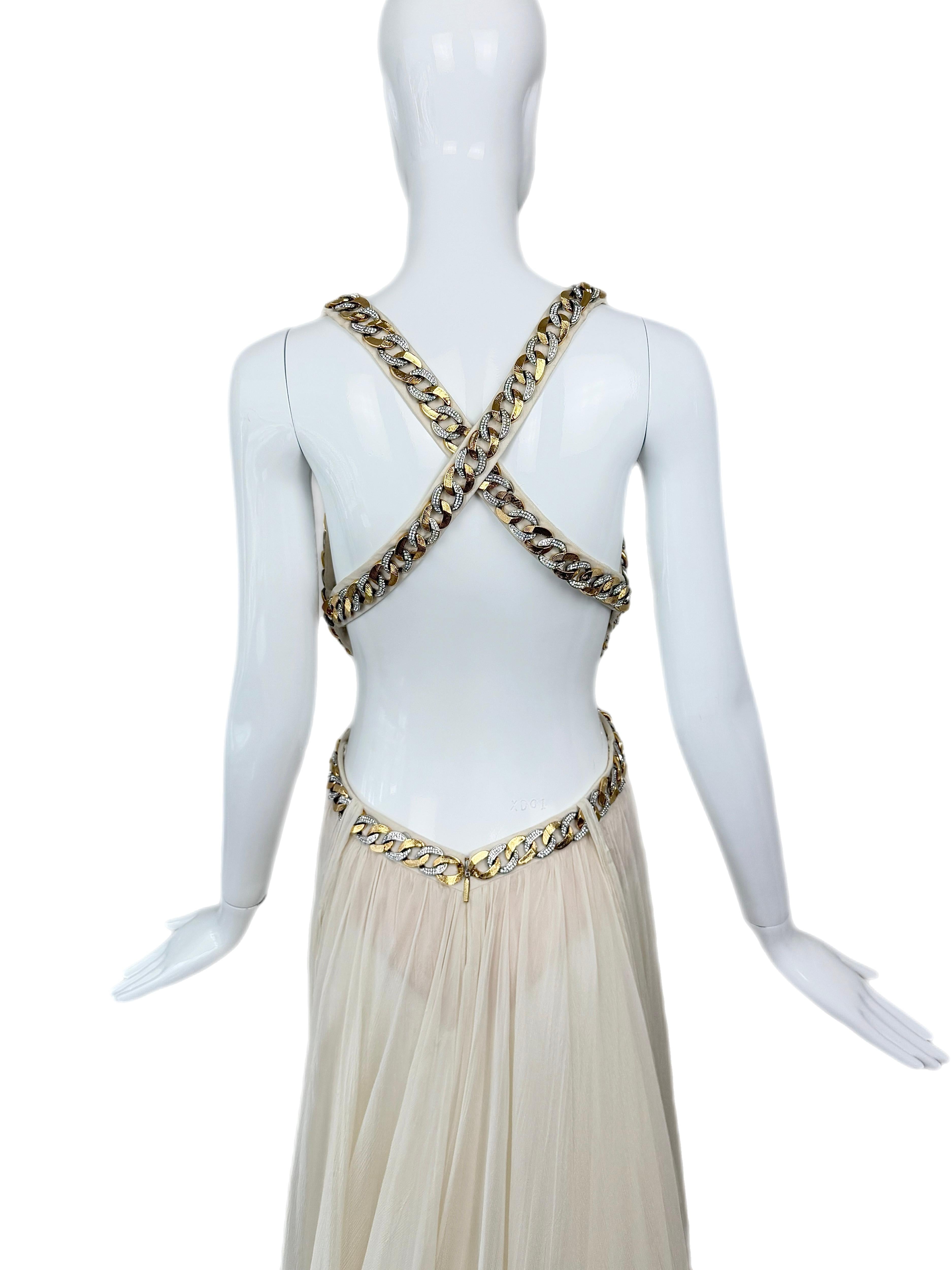 ROBERTO CAVALLI 2009 Vintage Ivory Chain Embellished Silk Gown Maxi Dress Bride For Sale 6