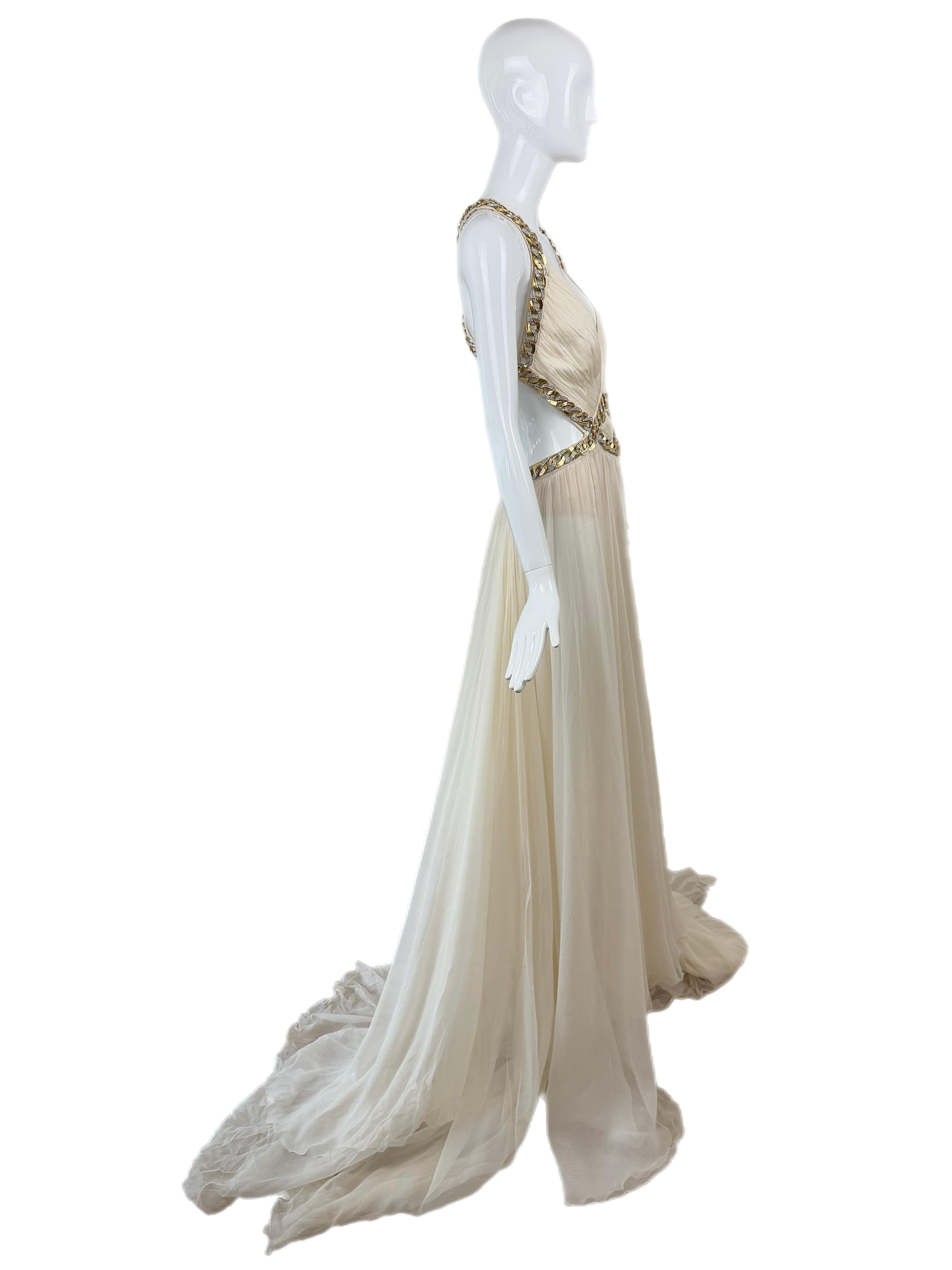 ROBERTO CAVALLI 2009 Vintage Ivory Chain Embellished Silk Gown Maxi Dress Bride For Sale 7