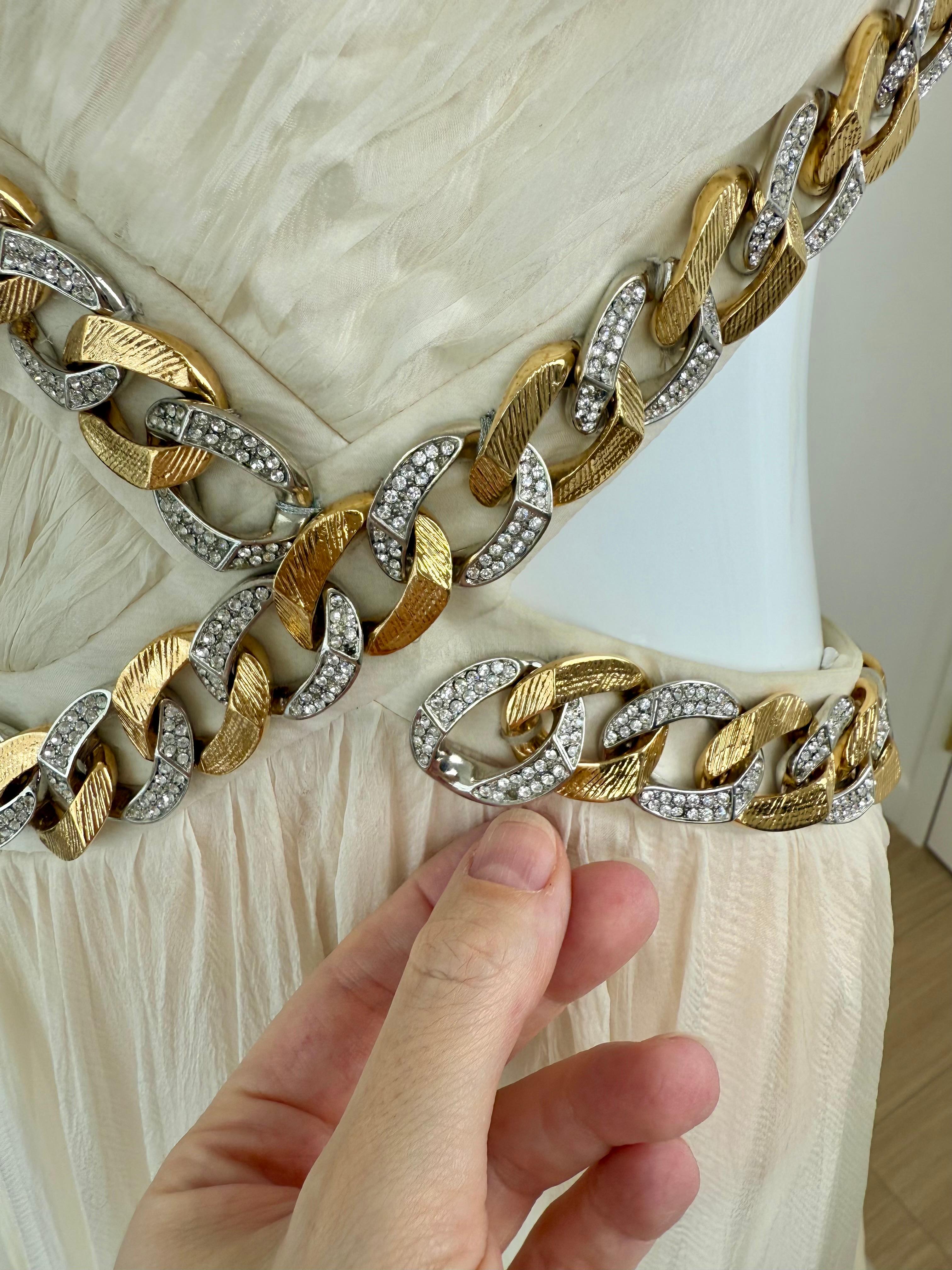 Gray ROBERTO CAVALLI 2009 Vintage Ivory Chain Embellished Silk Gown Maxi Dress Bride For Sale