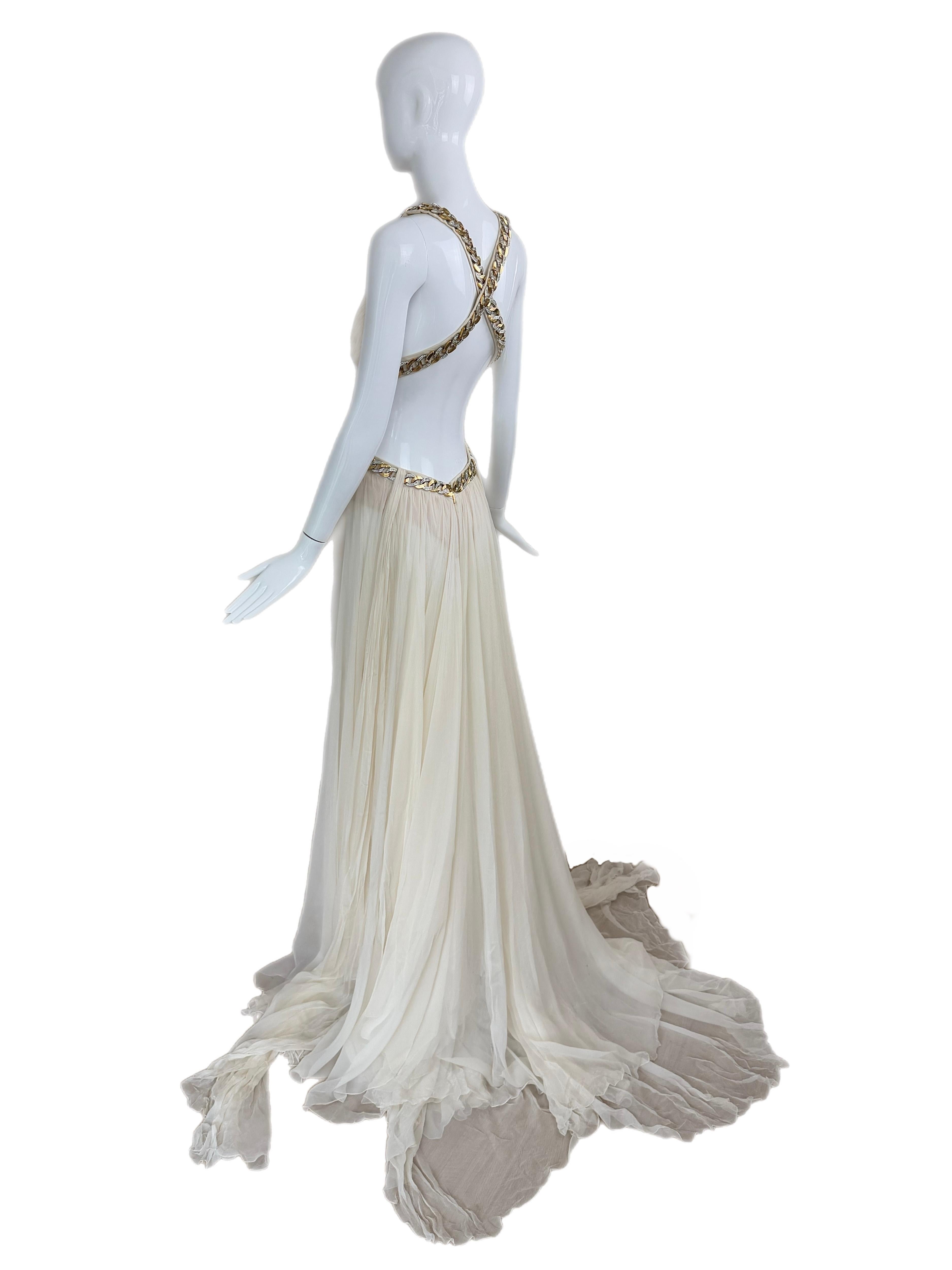 ROBERTO CAVALLI 2009 Vintage Ivory Chain Embellished Silk Gown Maxi Dress Bride For Sale 2