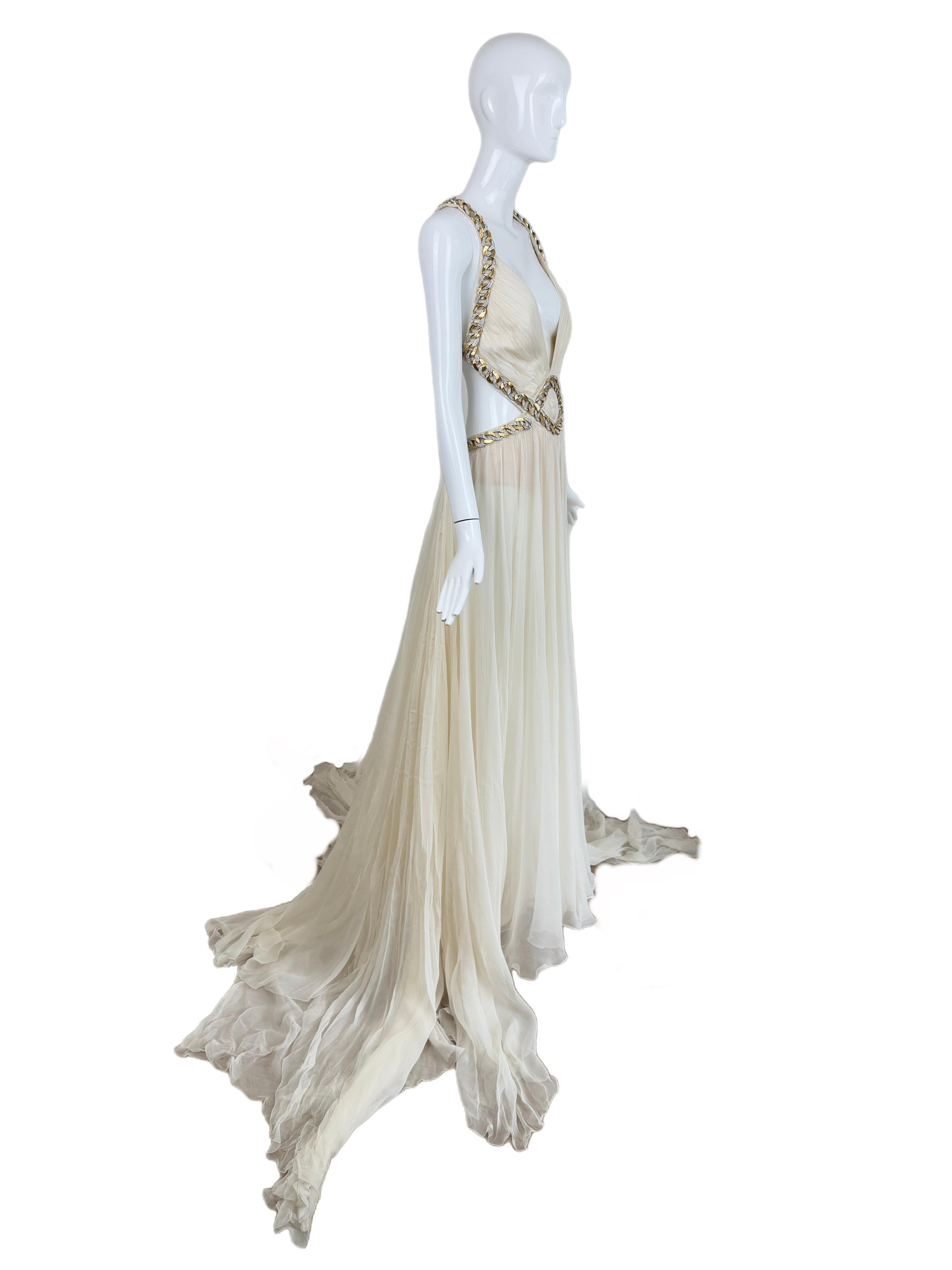 ROBERTO CAVALLI 2009 Vintage Ivory Chain Embellished Silk Gown Maxi Dress Bride For Sale 3