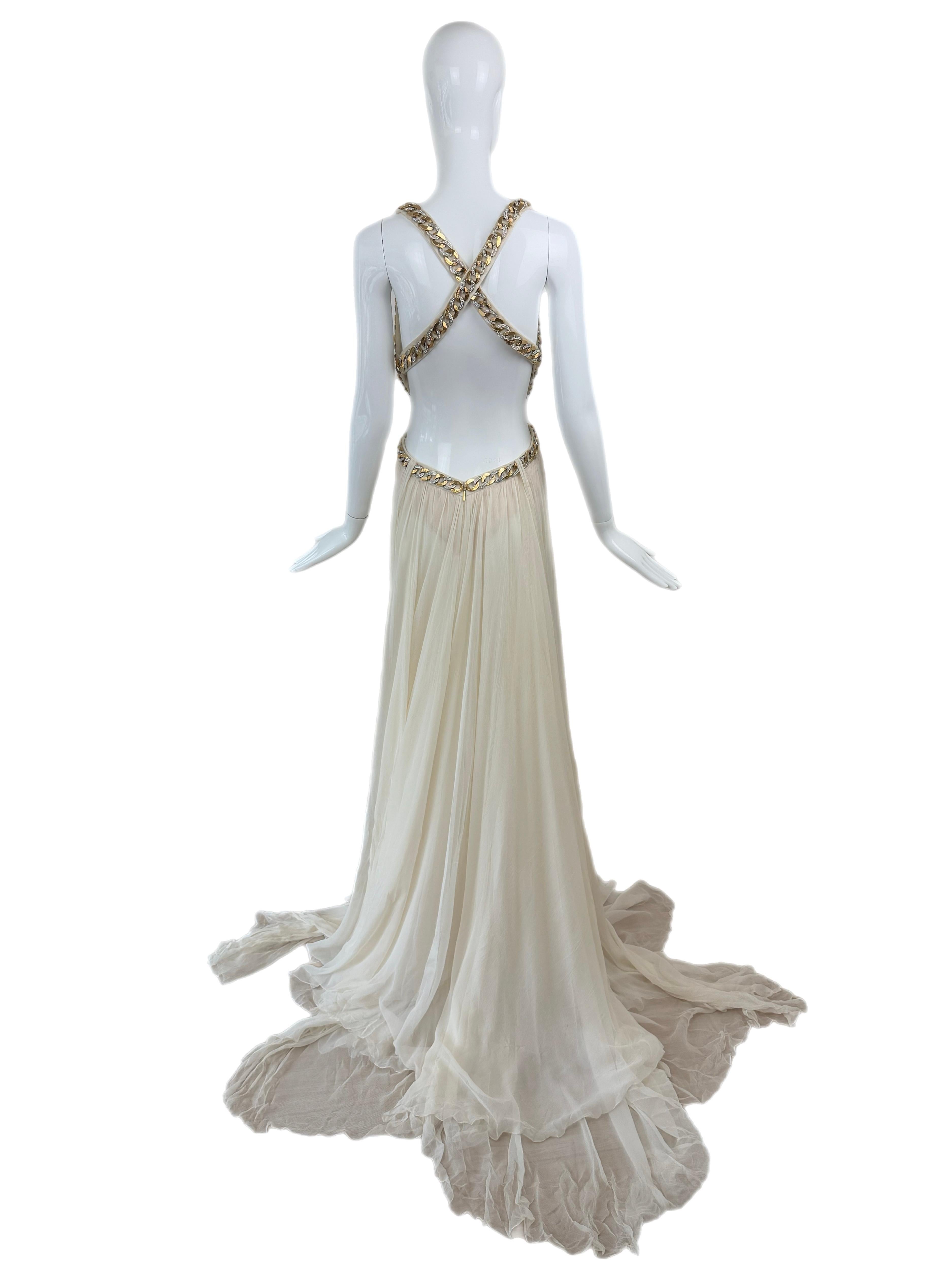 ROBERTO CAVALLI 2009 Vintage Ivory Chain Embellished Silk Gown Maxi Dress Bride For Sale 4