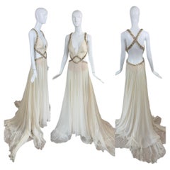 ROBERTO CAVALLI 2009 Vintage Ivory Chain Embellished Silk Gown Maxi Dress Bride