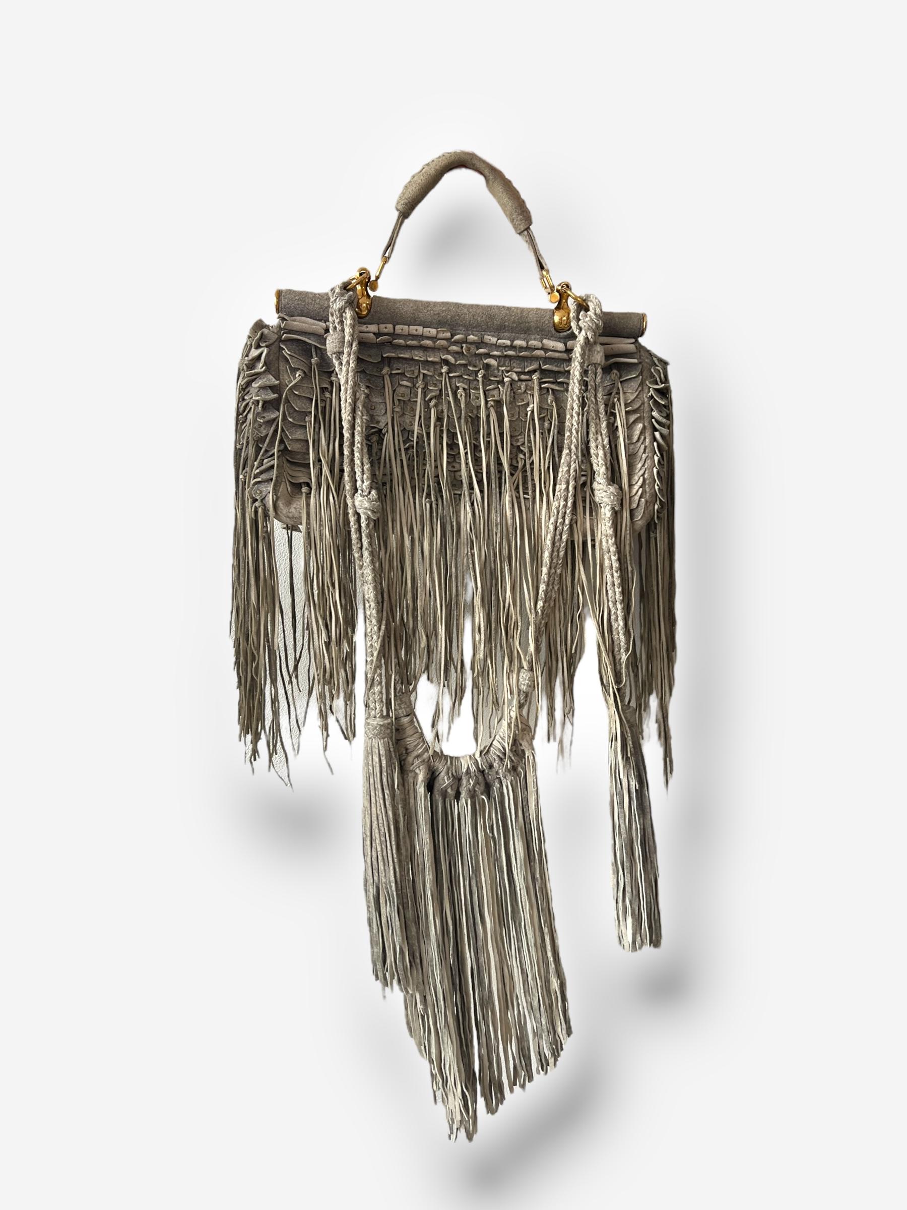 Gris Roberto Cavalli 2011 Sac à main à franges en daim vieilli en vente