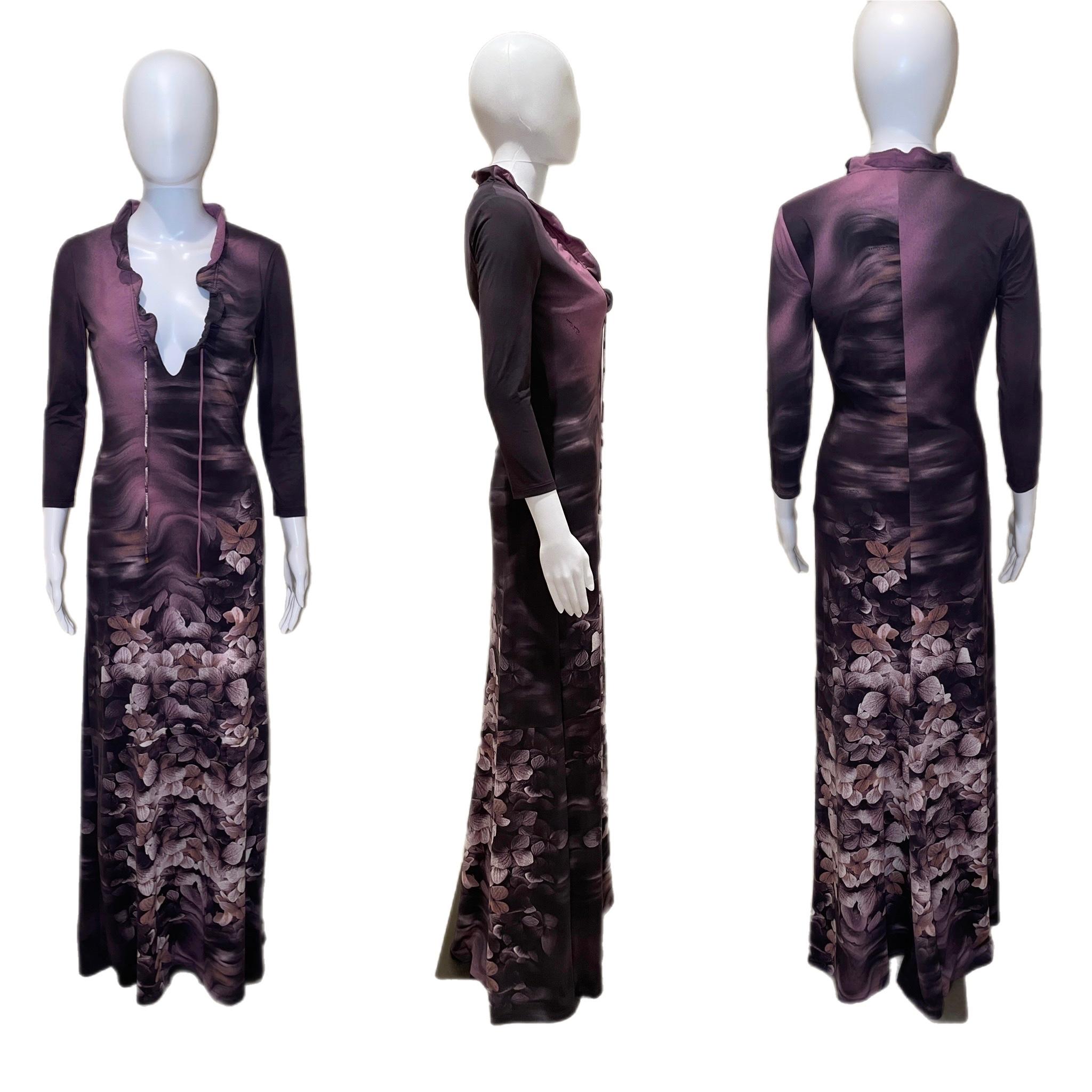 2011 Roberto Cavalli purple maxi evening dress with flowers. Ruffle collar that has an adjustable drawstring. No flaws, looks unworn. Size IT40, true to size. Tons of stretch, very soft. *FINAL SALE. NO EXCEPTIONS*