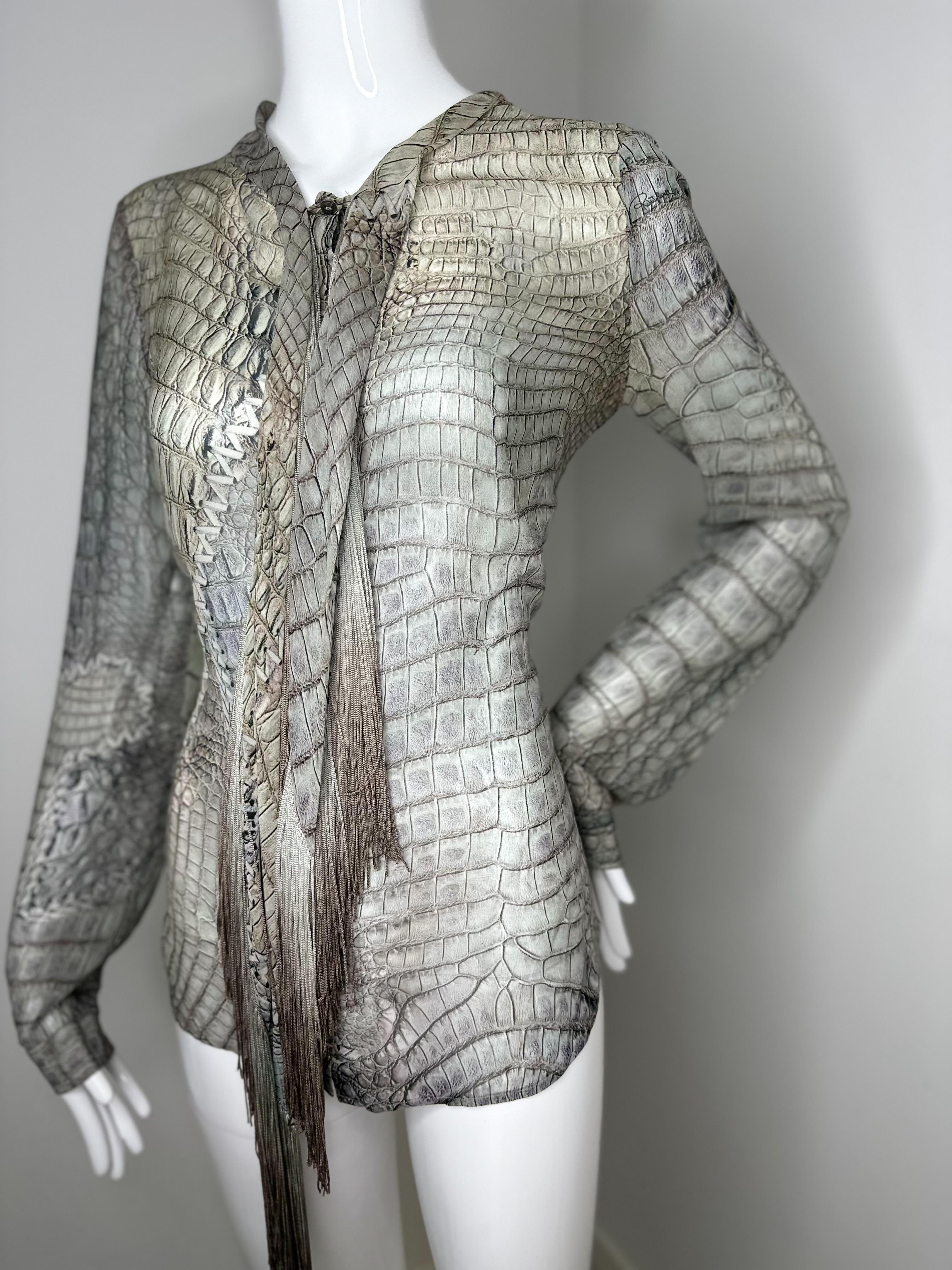 Roberto Cavalli 2011 silk fringe button up blouse
Iconic croc print 
Size 42

Good vintage condition 