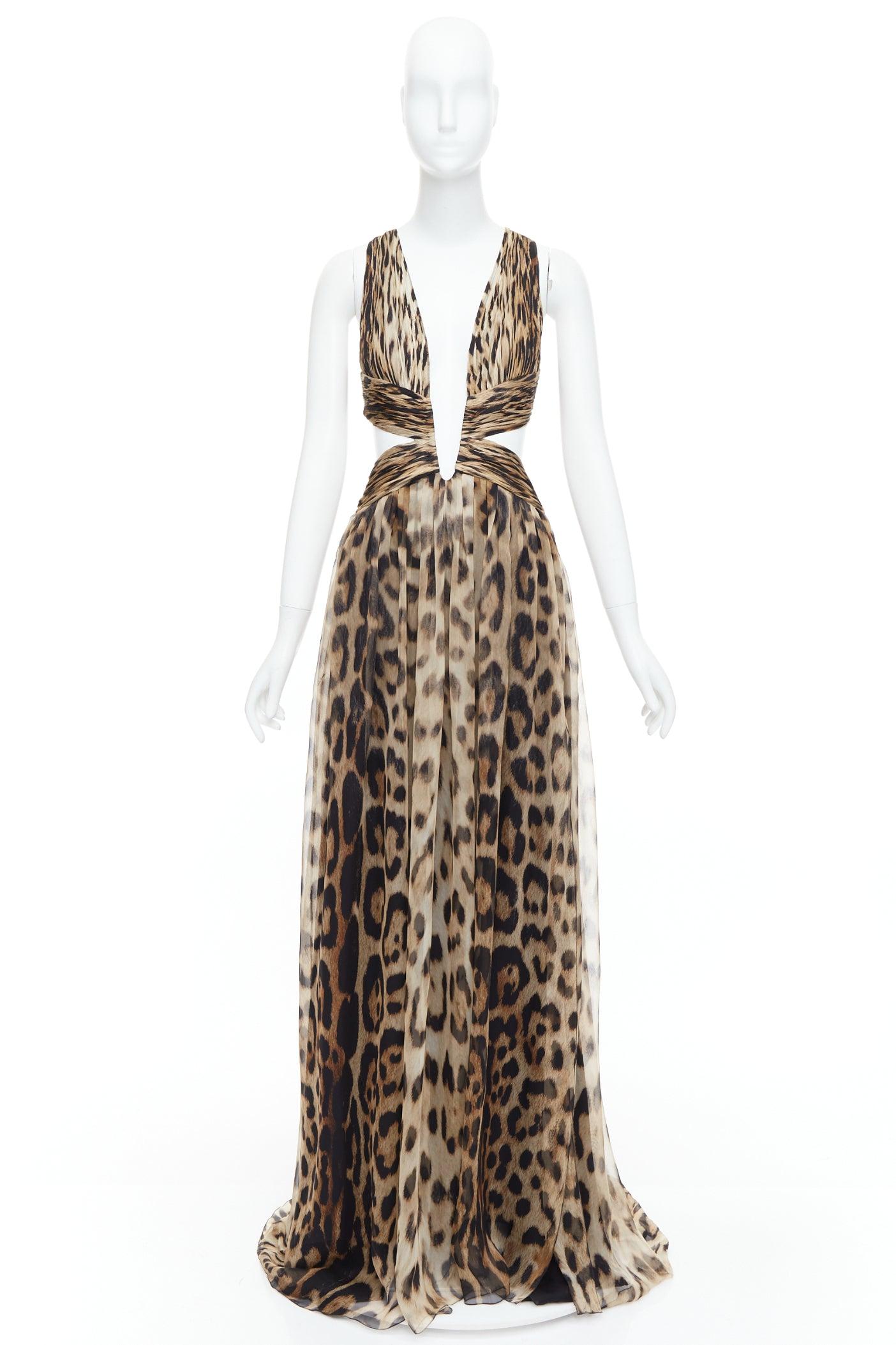 ROBERTO CAVALLI 2014 Runway brown leopard 100% silk cut out gown IT40 S 5