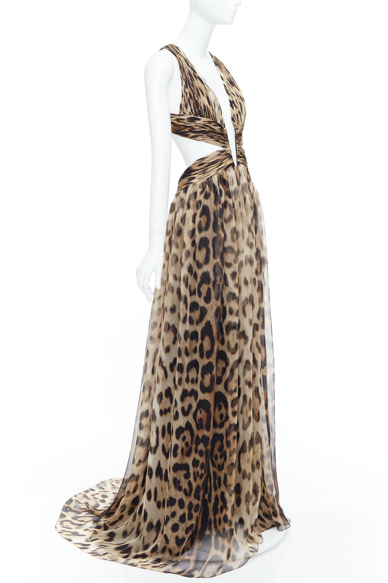 Brown ROBERTO CAVALLI 2014 Runway brown leopard 100% silk cut out gown IT40 S