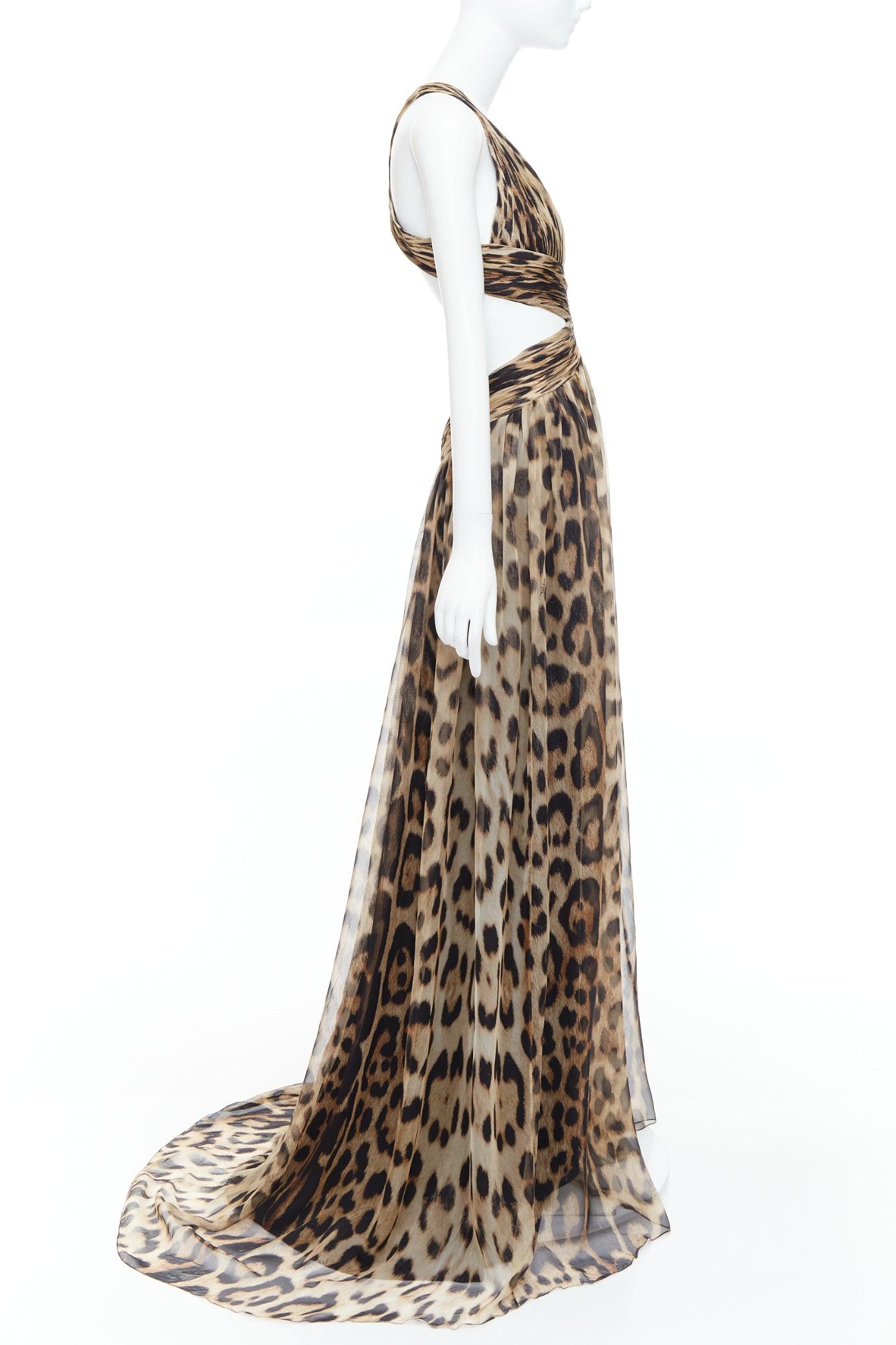 ROBERTO CAVALLI 2014 Runway brown leopard 100% silk cut out gown IT40 S In Excellent Condition In Hong Kong, NT