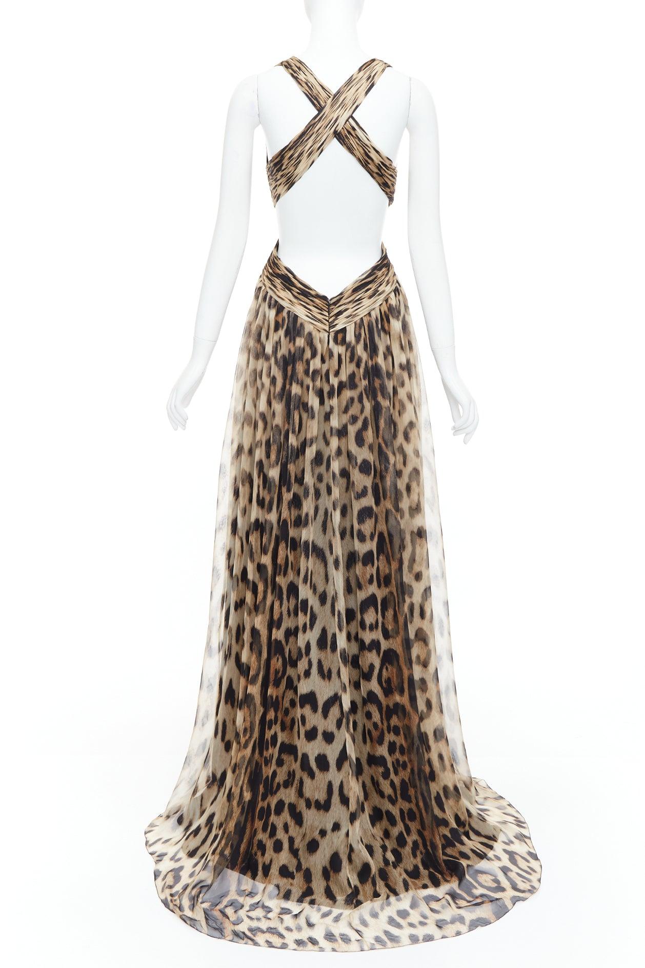 Women's ROBERTO CAVALLI 2014 Runway brown leopard 100% silk cut out gown IT40 S