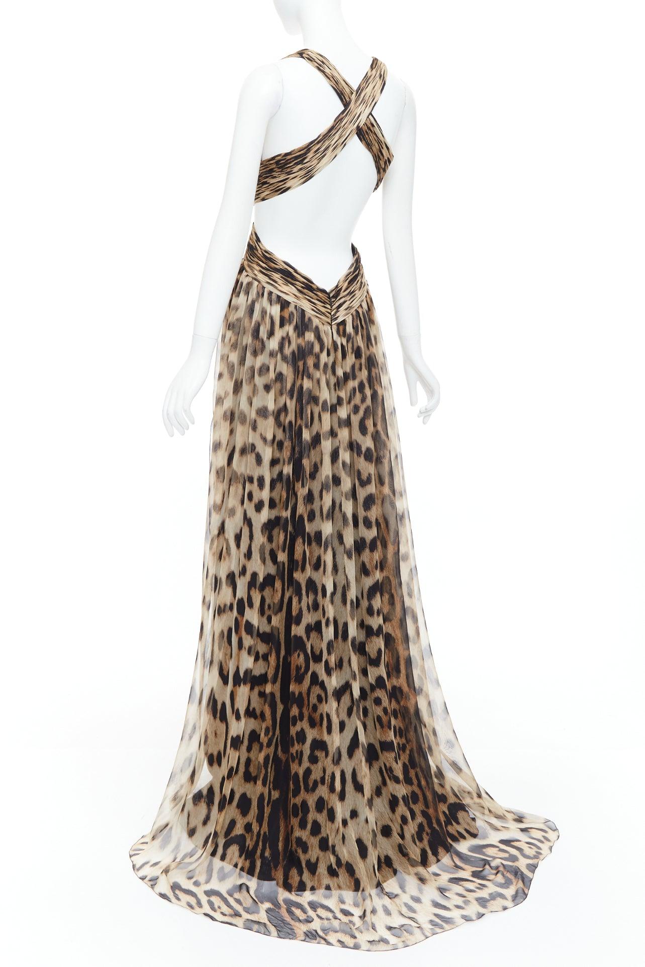 ROBERTO CAVALLI 2014 Runway brown leopard 100% silk cut out gown IT40 S 1