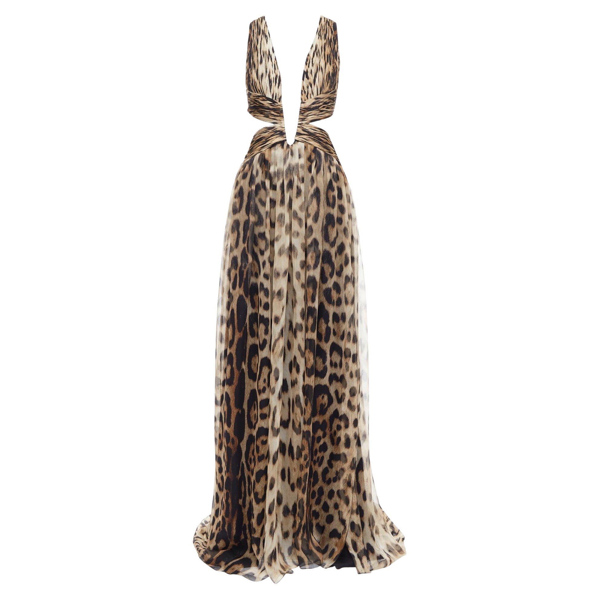 ROBERTO CAVALLI 2014 Runway brown leopard 100% silk cut out gown IT40 S