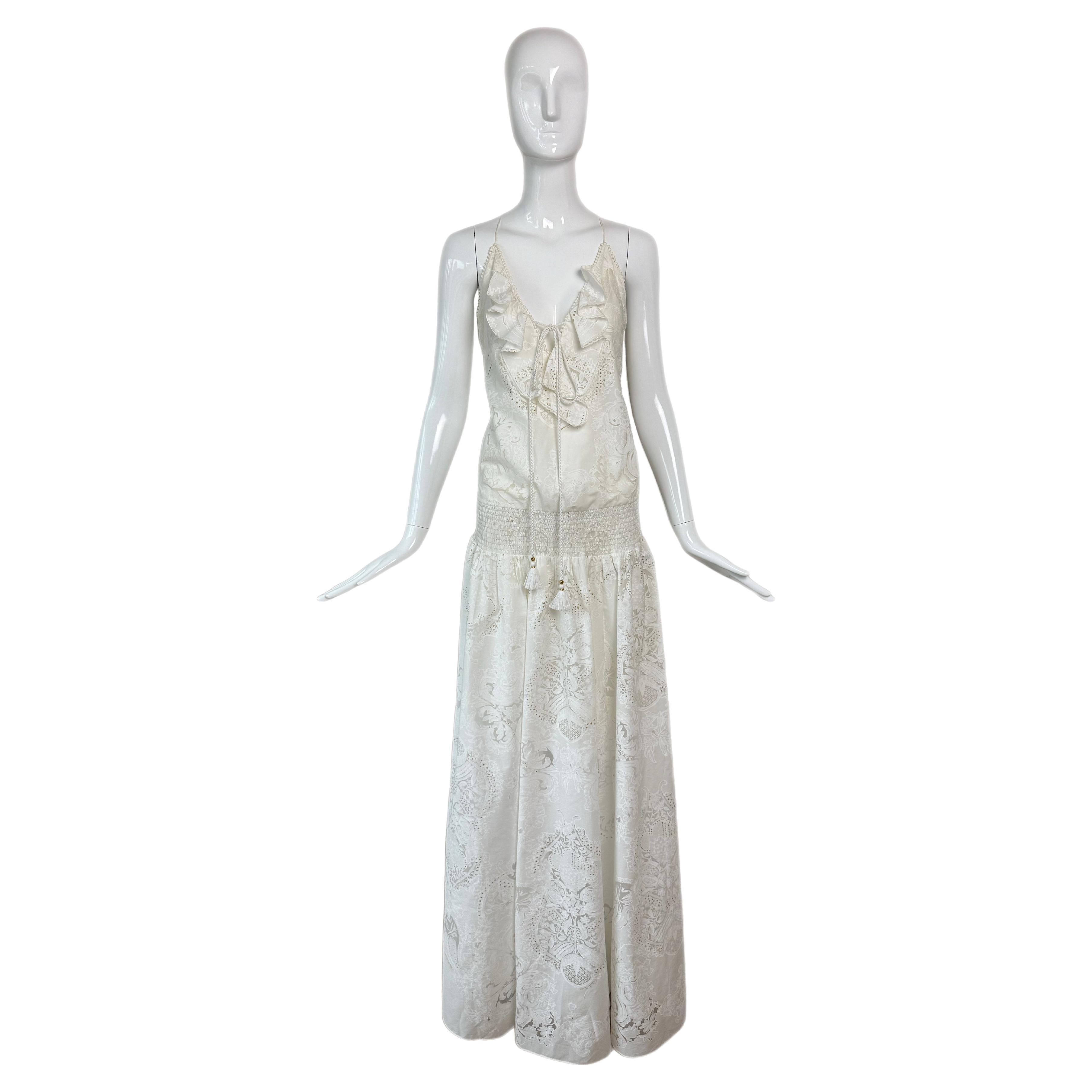 ROBERTO CAVALLI 2016 White Blouson Maxi Dress w. Hand Painted Gold Design