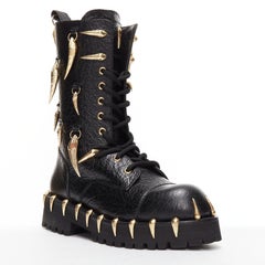 ROBERTO CAVALLI 2022 gold horn charm embellished black leather combat boots EU39