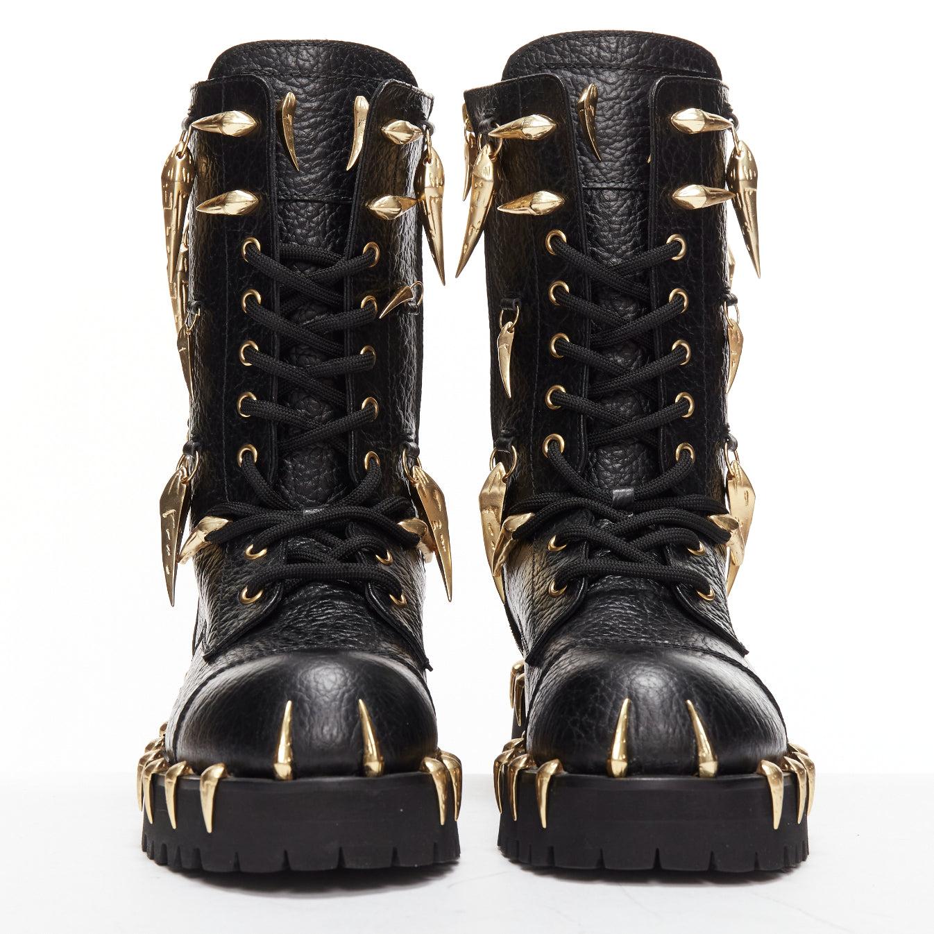 Black ROBERTO CAVALLI 2022 gold horn charm embellished black leather combat boots EU39 For Sale