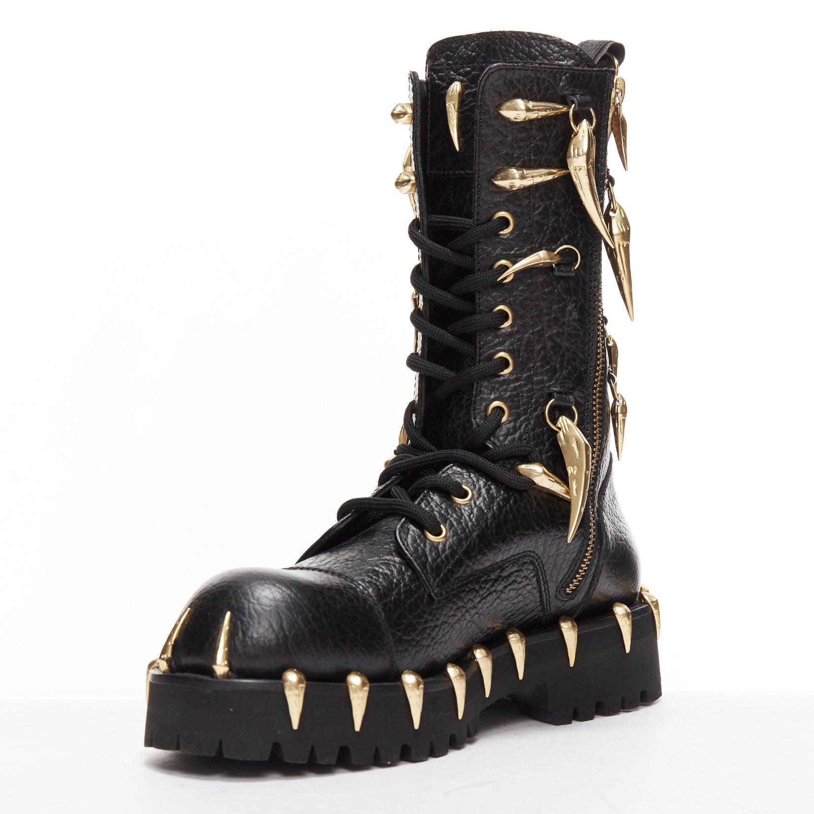 ROBERTO CAVALLI 2022 gold horn charm embellished black leather combat boots EU39 In New Condition For Sale In Hong Kong, NT