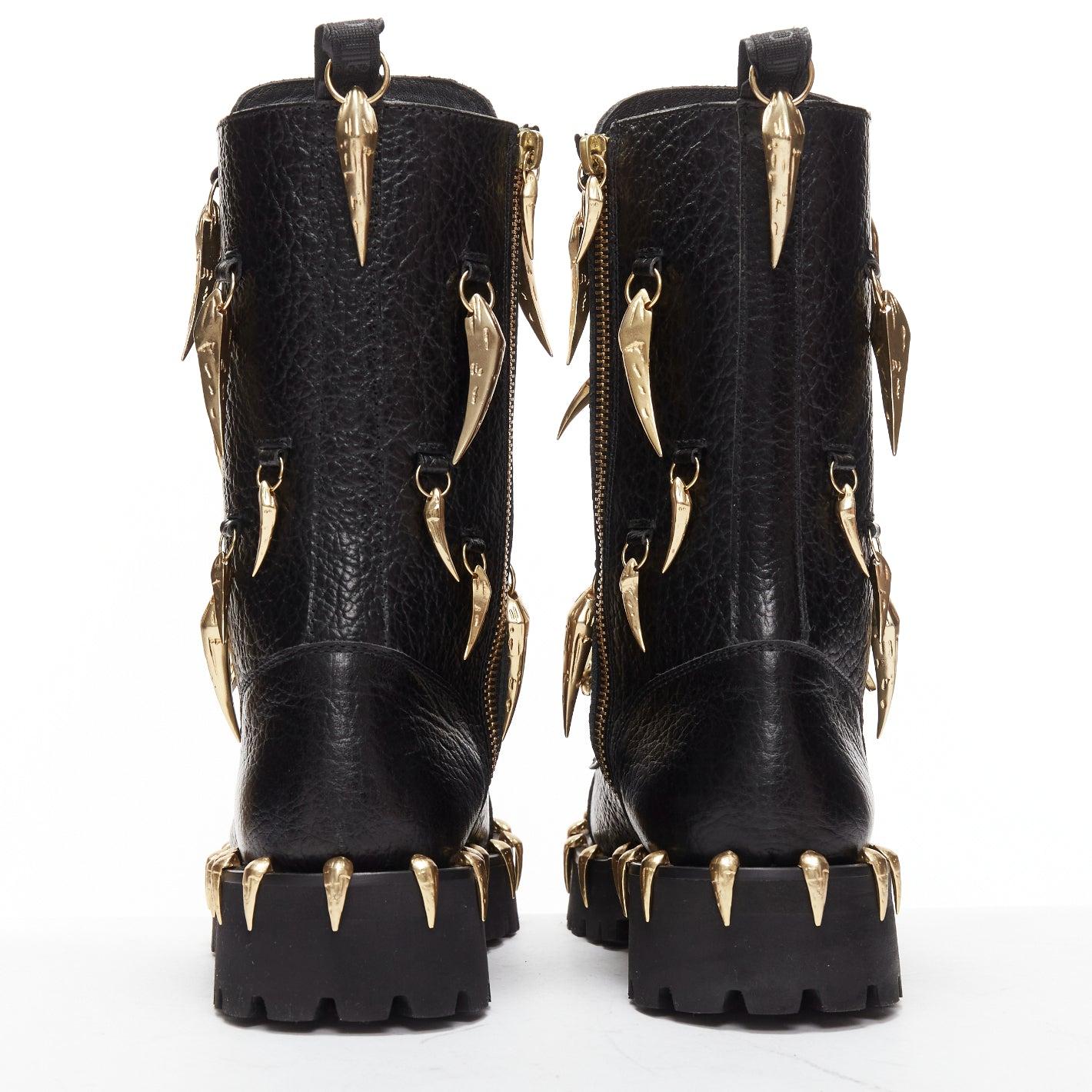 Women's ROBERTO CAVALLI 2022 gold horn charm embellished black leather combat boots EU39 For Sale