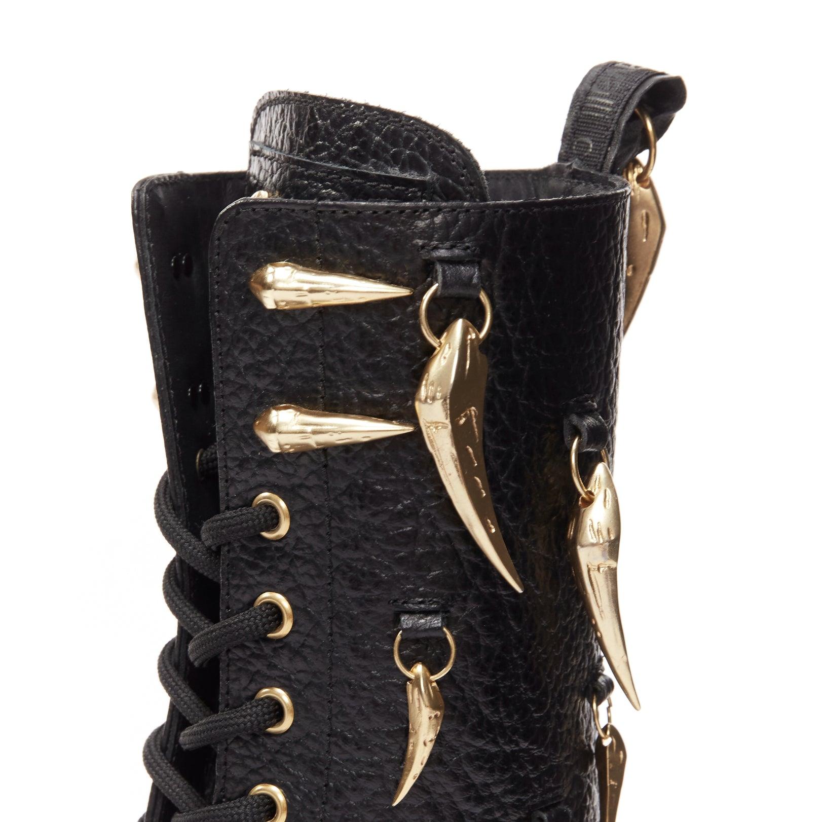 ROBERTO CAVALLI 2022 gold horn charm embellished black leather combat boots EU39 For Sale 2