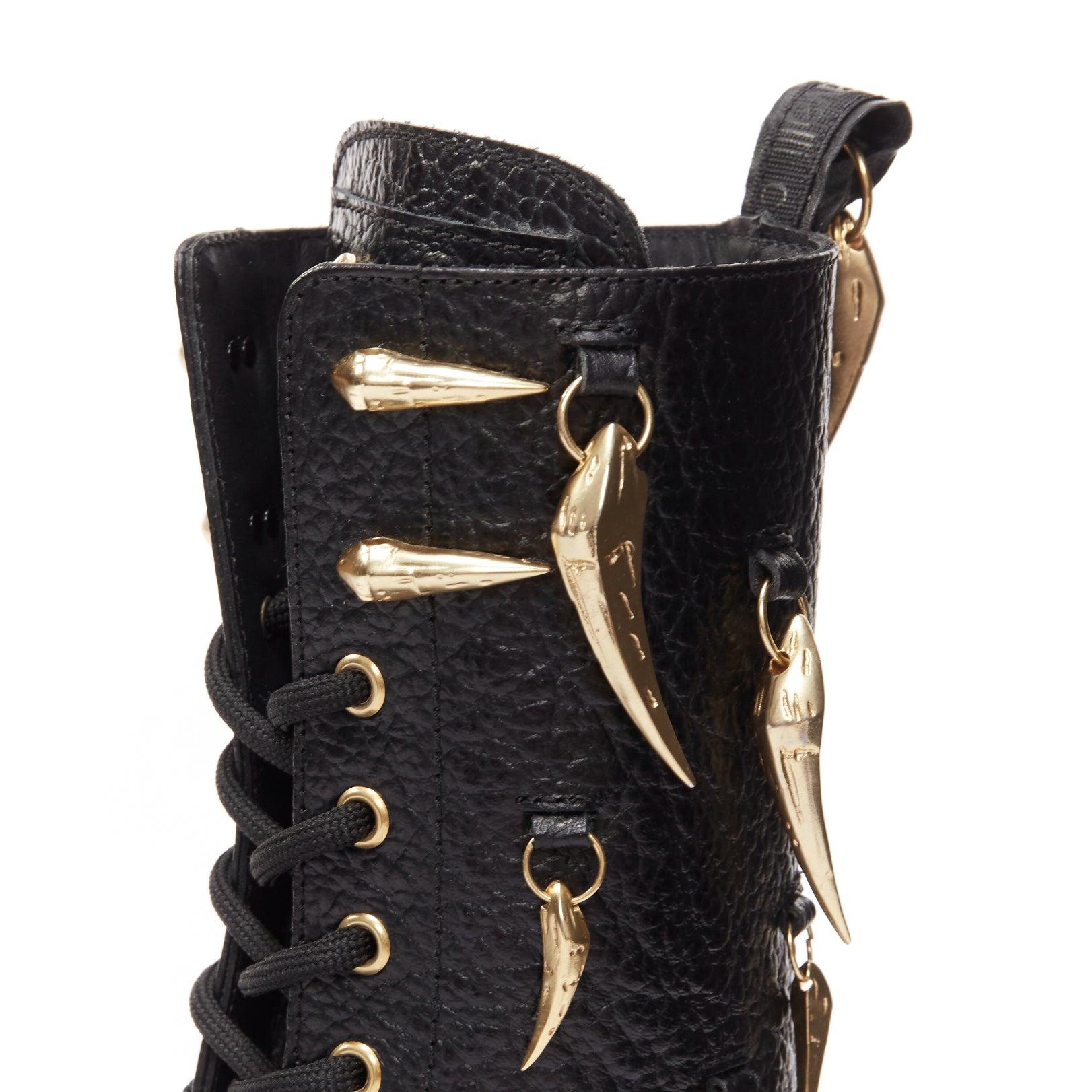 ROBERTO CAVALLI 2022 gold horn charm embellished black leather combat boots EU39 2