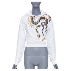 ROBERTO CAVALLI 2022 white cotton crystal embellish snake chain crop hoodie  XS