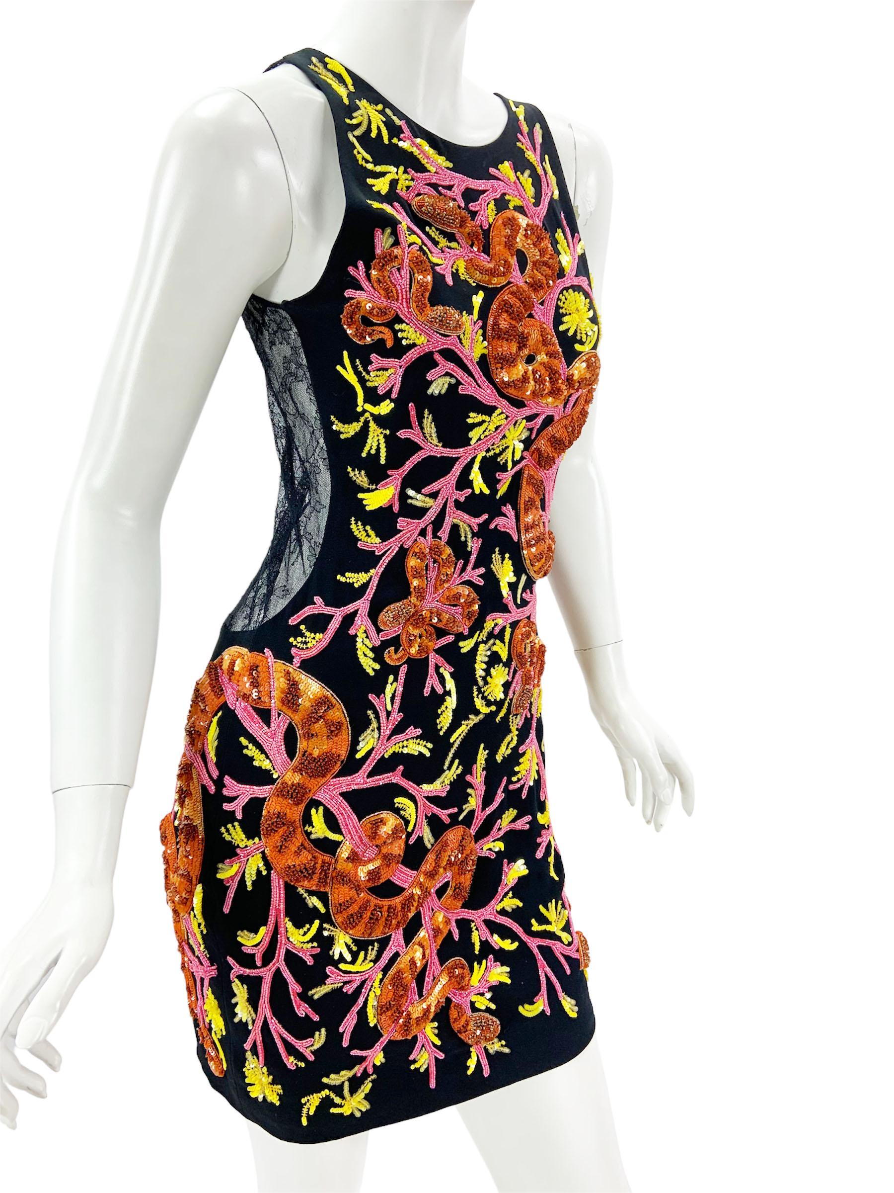 Women's New Roberto Cavalli 3-D Snake Corals Embellished Lace Mini Dress Italian 38, 40 For Sale