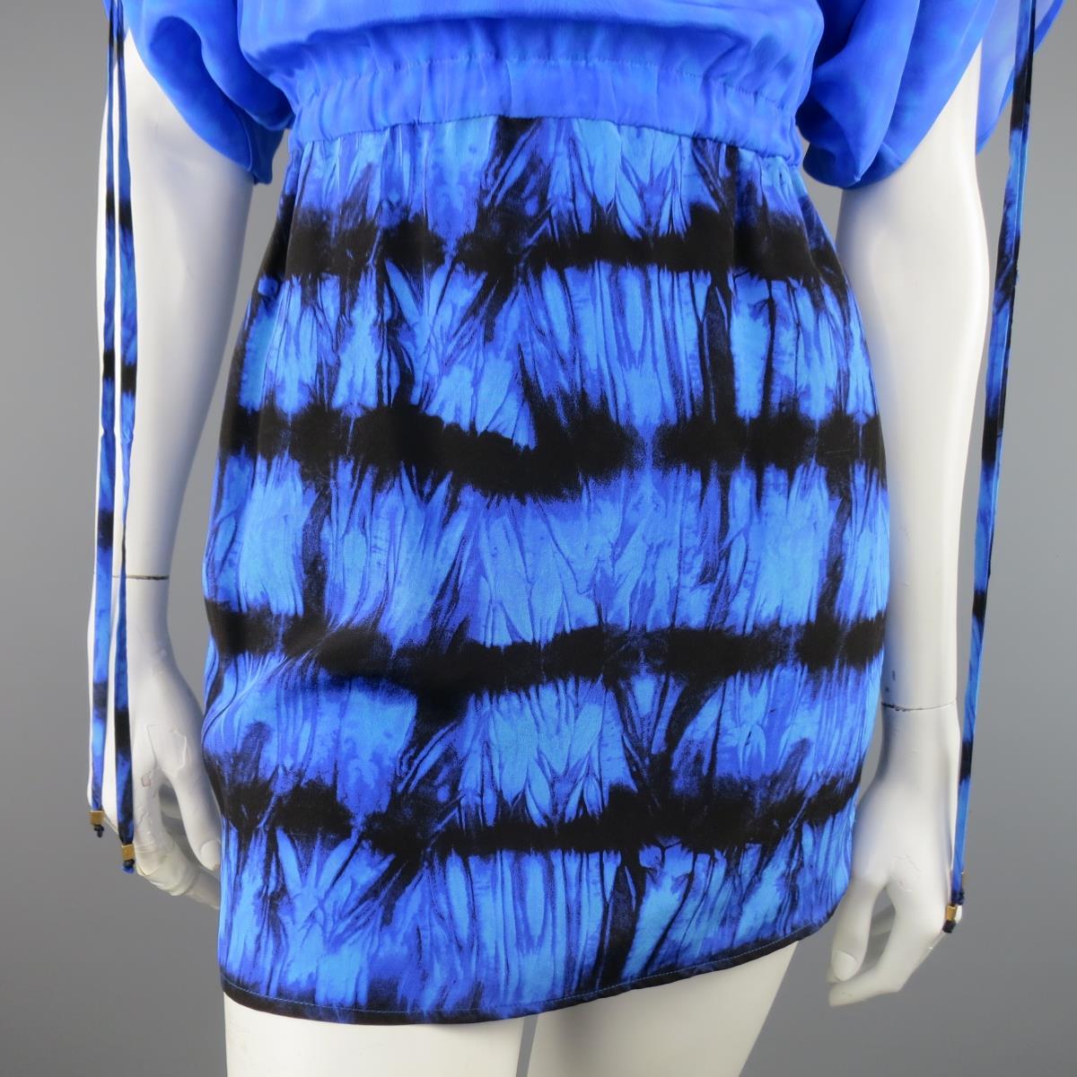 Women's ROBERTO CAVALLI 4 Blue & Black Cheetah & Tie Dye Silk DRawstring Sleeve Dress For Sale