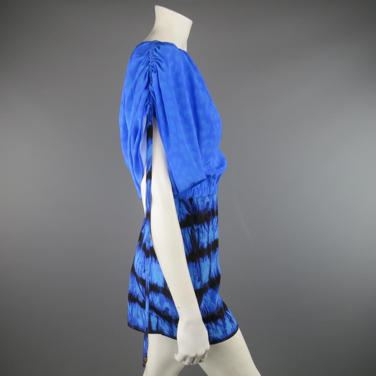 ROBERTO CAVALLI 4 Blue & Black Cheetah & Tie Dye Silk DRawstring Sleeve Dress en vente 2