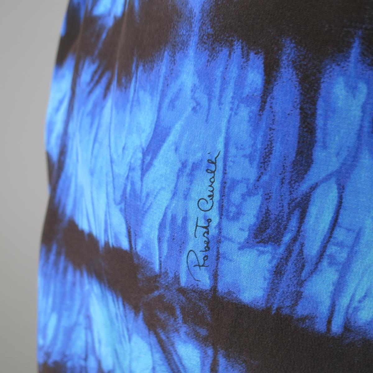 ROBERTO CAVALLI 4 Blue & Black Cheetah & Tie Dye Silk DRawstring Sleeve Dress 4