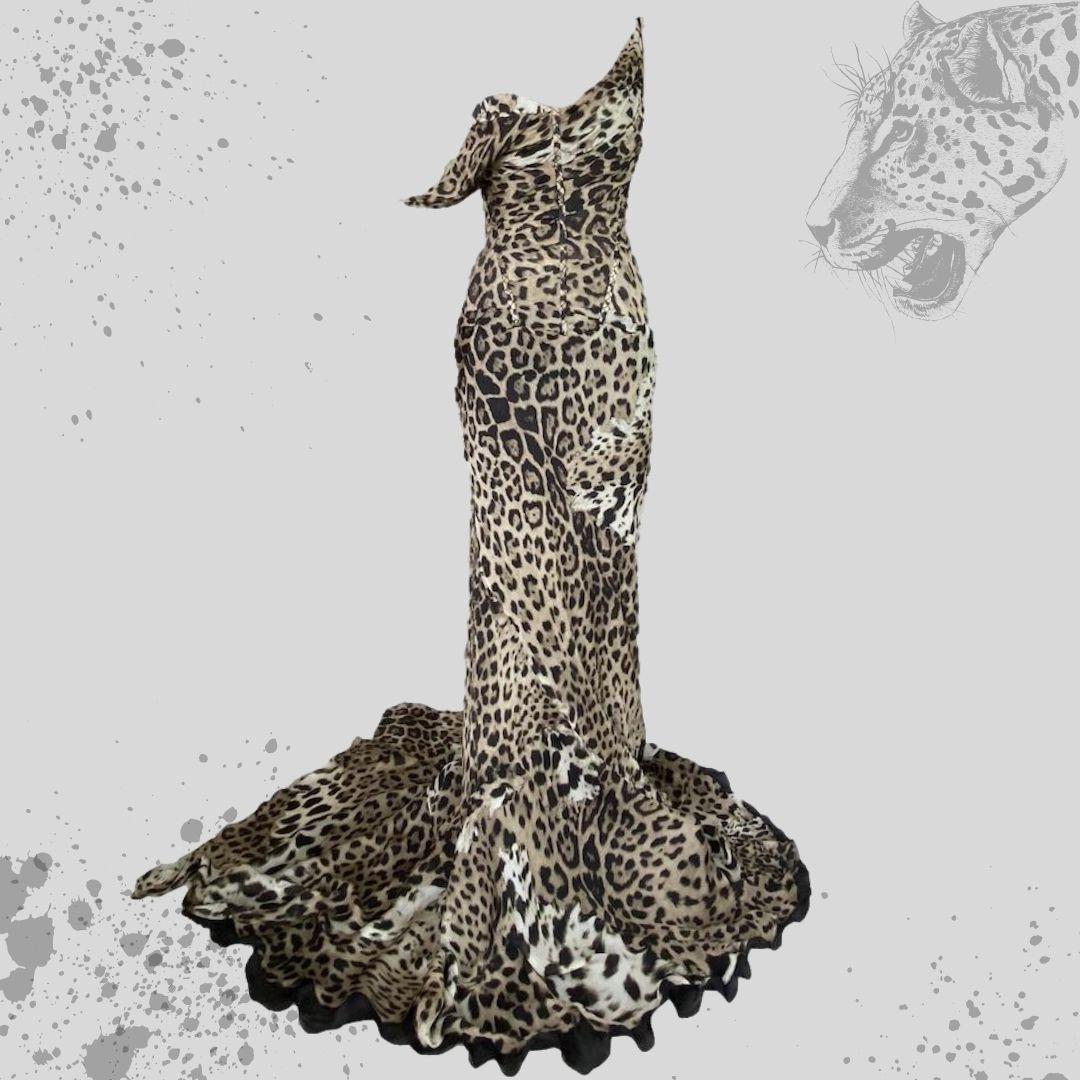 Roberto Cavalli - 40th Anniversary Dress - Striking animal print corset dress.  This dress is constructed with a sturdy zip up corset.  The corset is made of silk and heavily boned for a snug tiny waist fit.  The skirt is made out of two layers of
