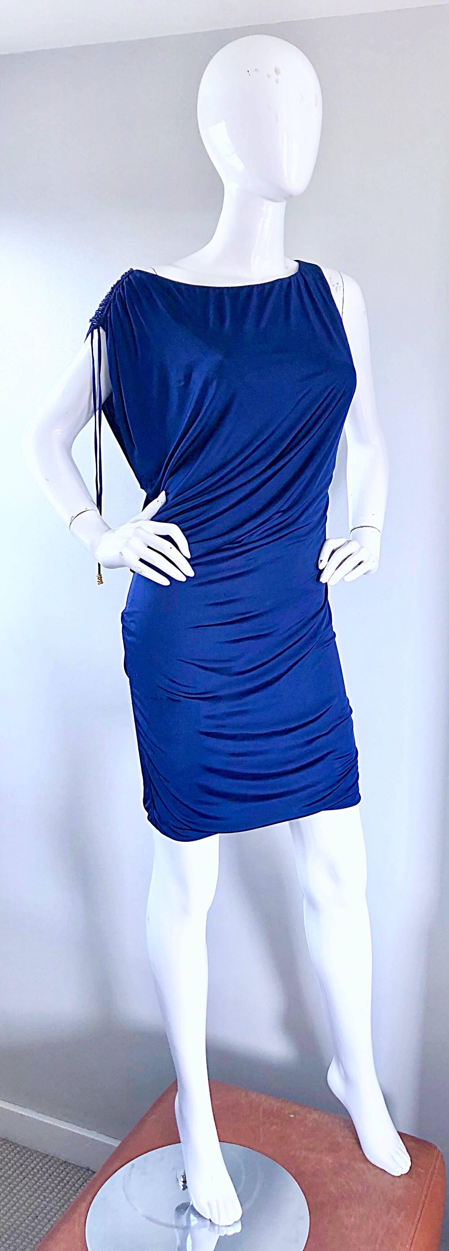 Roberto Cavalli 90s Navy Blue Size 8 - 10 Silk Jersey Off Shoulder Sexy Dress  In Excellent Condition In San Diego, CA