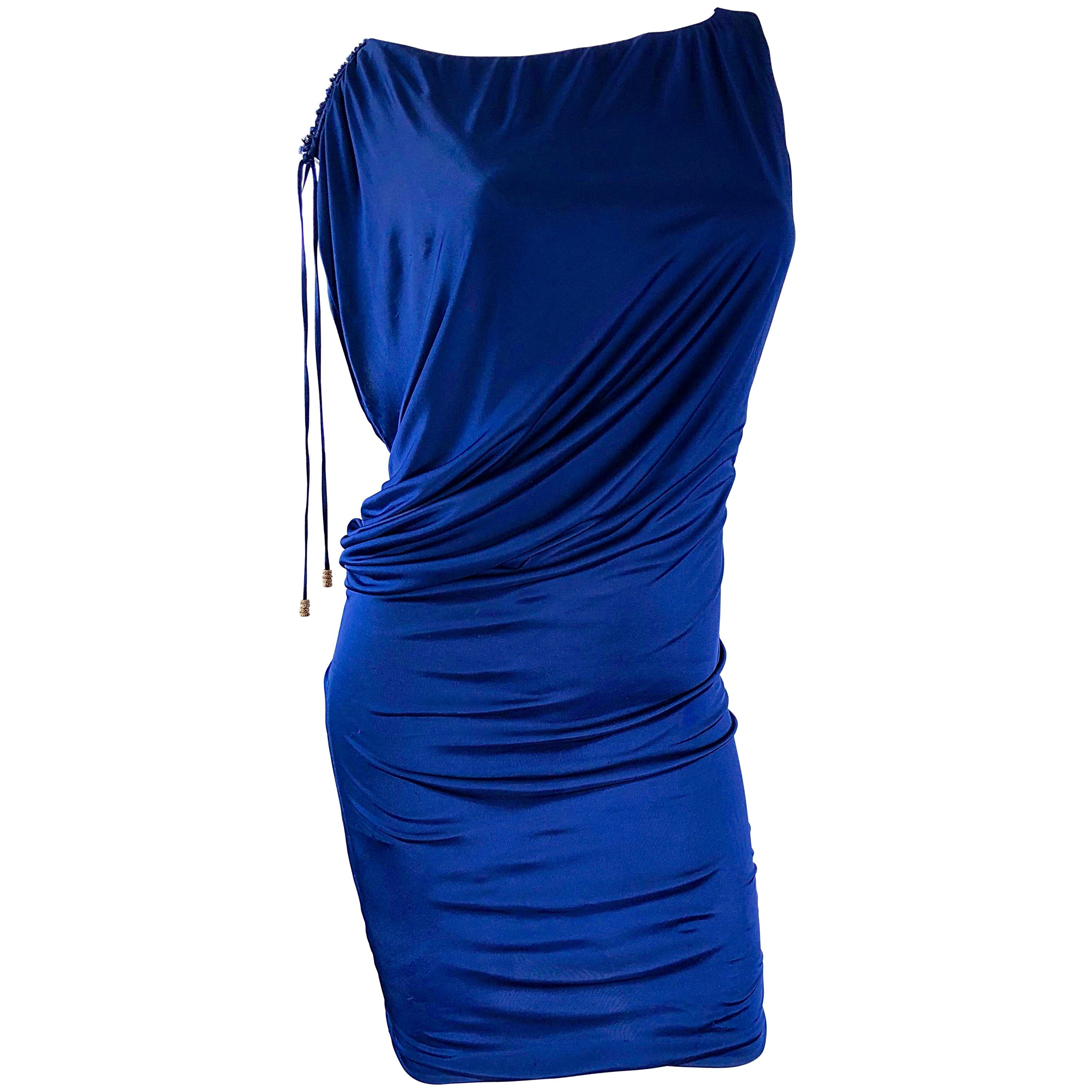 Roberto Cavalli 90s Navy Blue Size 8 - 10 Silk Jersey Off Shoulder Sexy Dress 