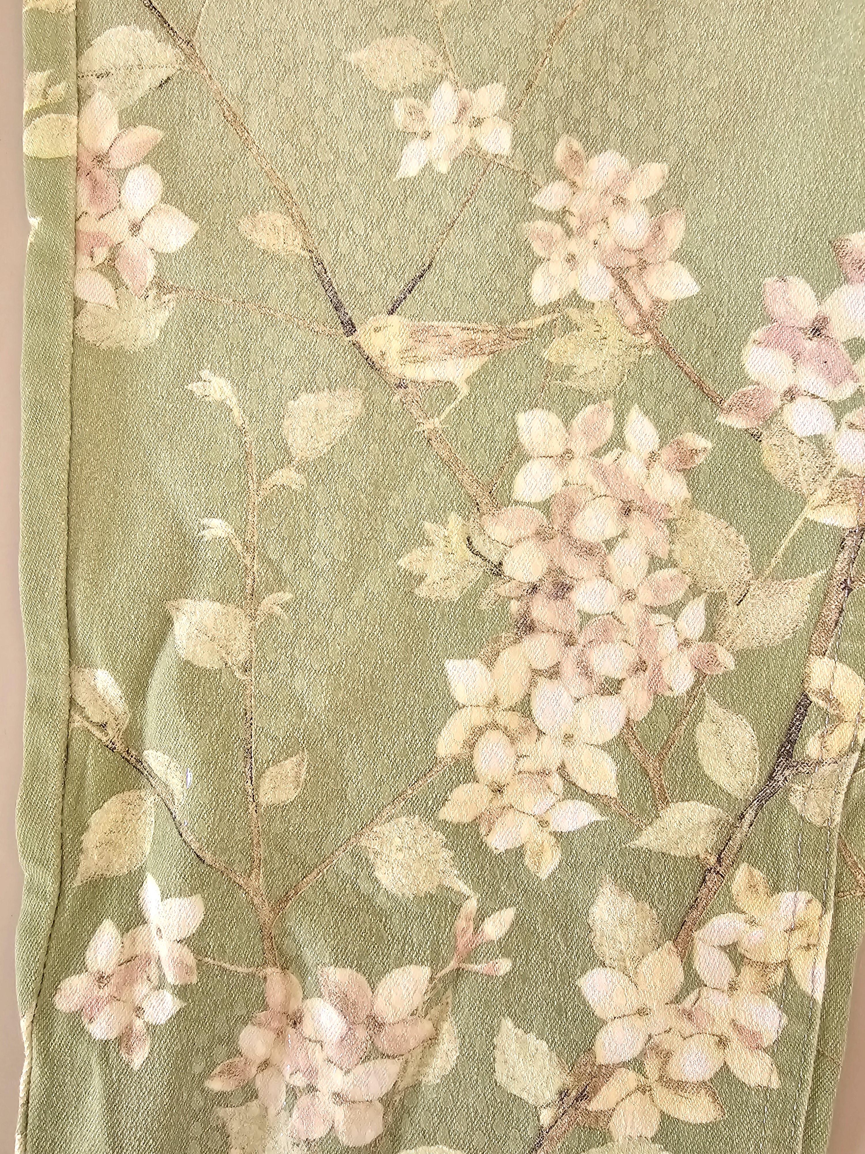 Roberto Cavalli 90s Pale Green Blossom Birds Jeans Vintage For Sale 5