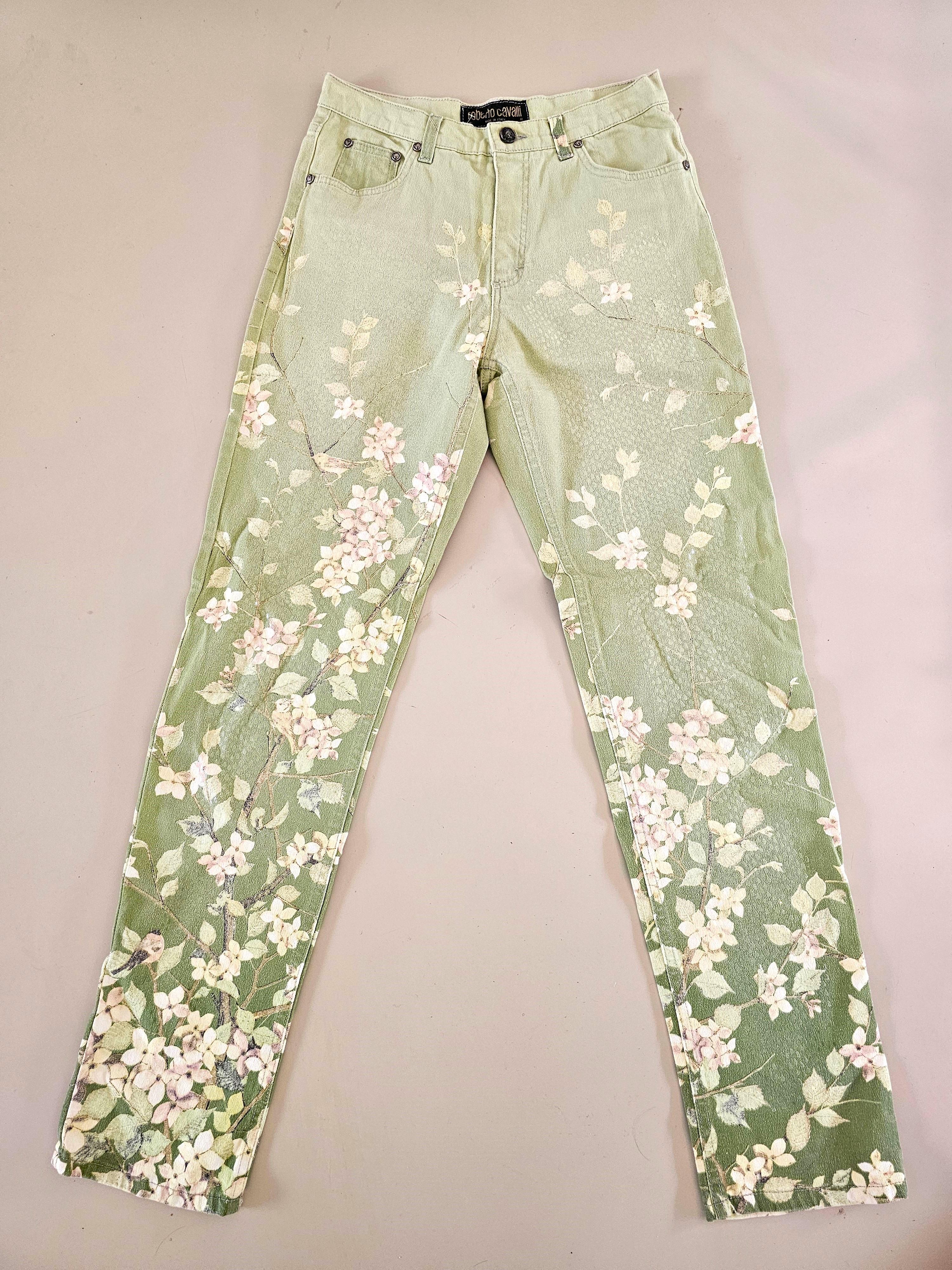 Roberto Cavalli 90s Pale Green Blossom Birds Jeans Vintage For Sale 6