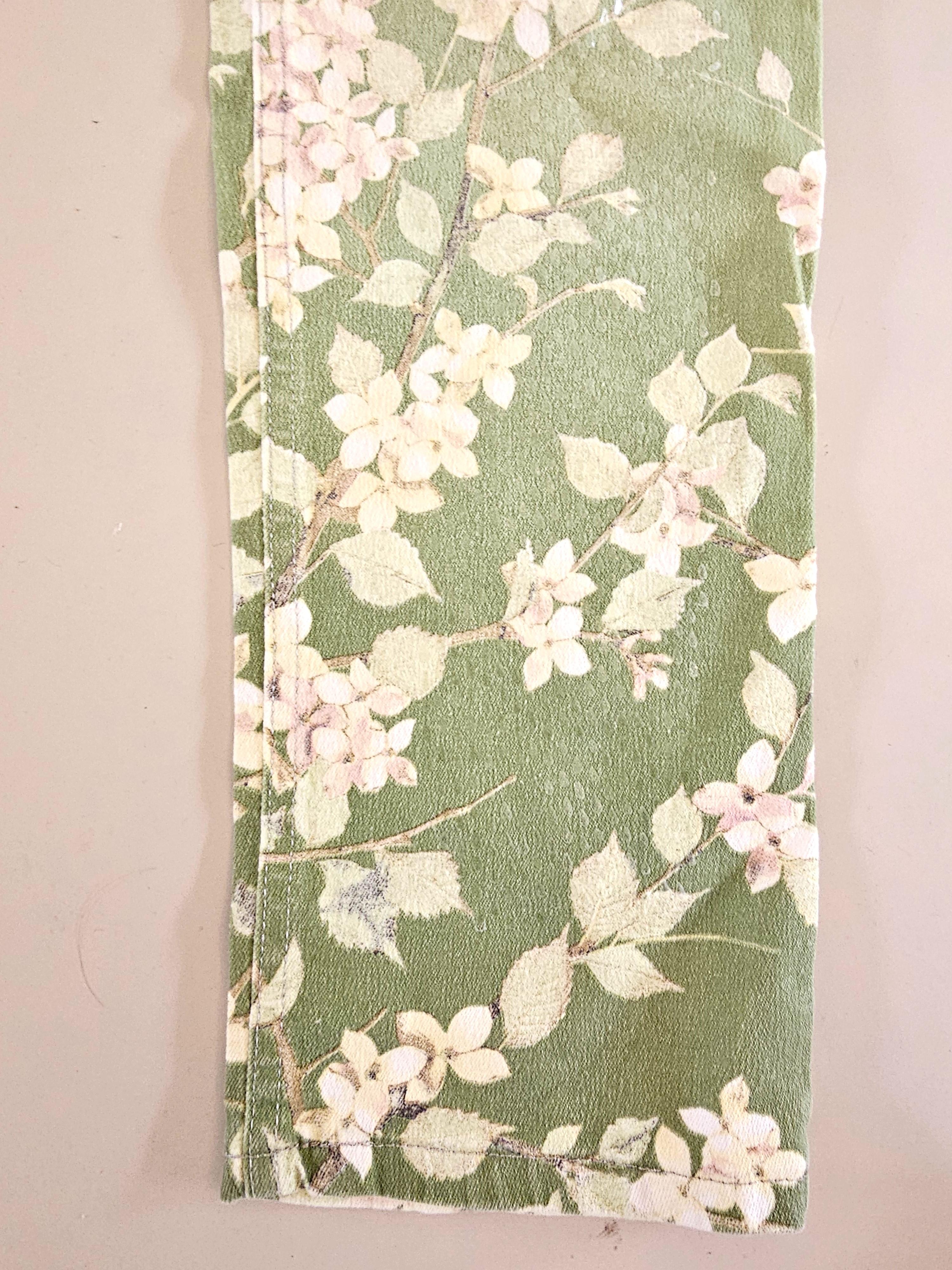 Women's Roberto Cavalli 90s Pale Green Blossom Birds Jeans Vintage For Sale