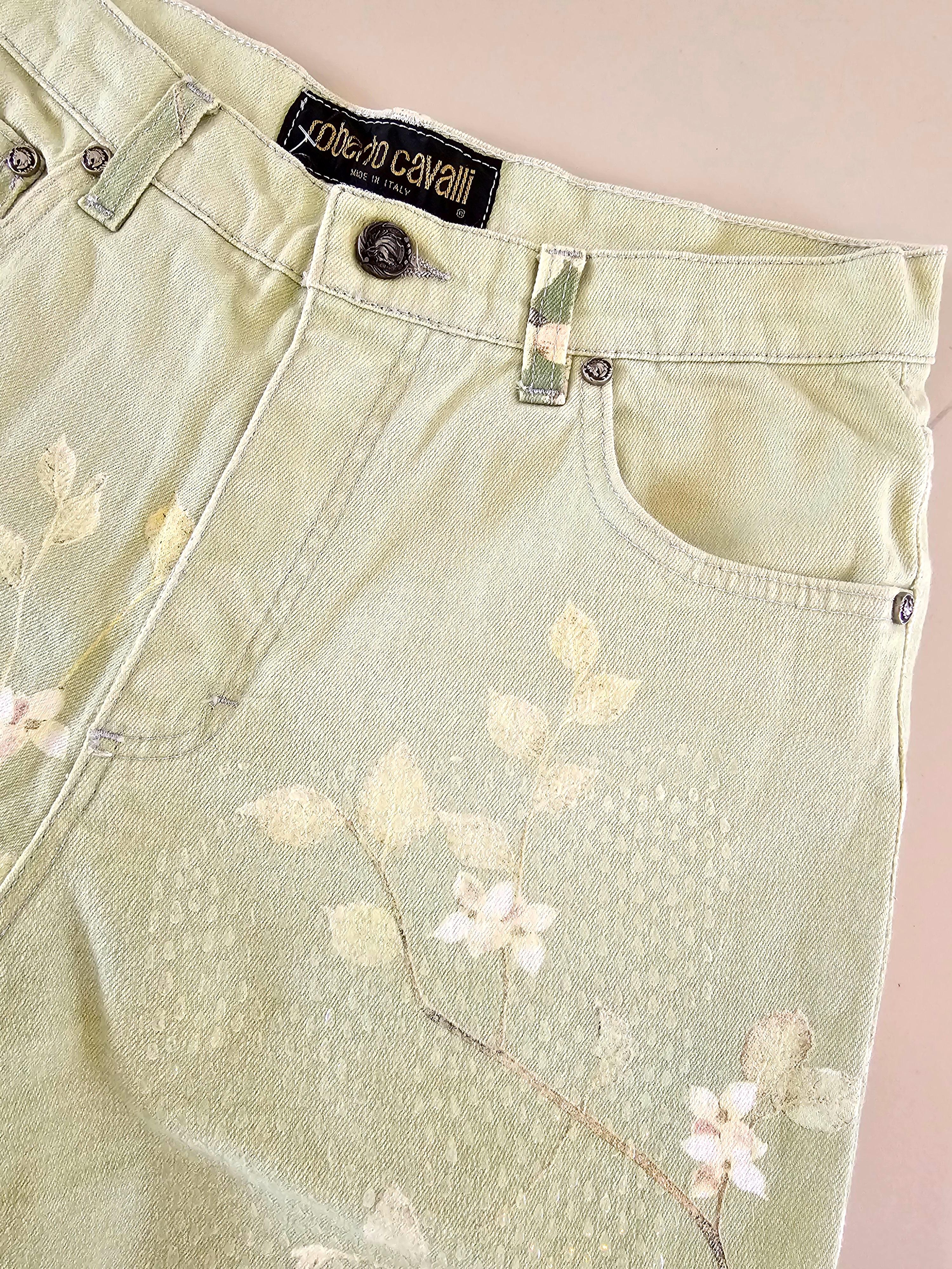 Roberto Cavalli 90s Pale Green Blossom Birds Jeans Vintage For Sale 1