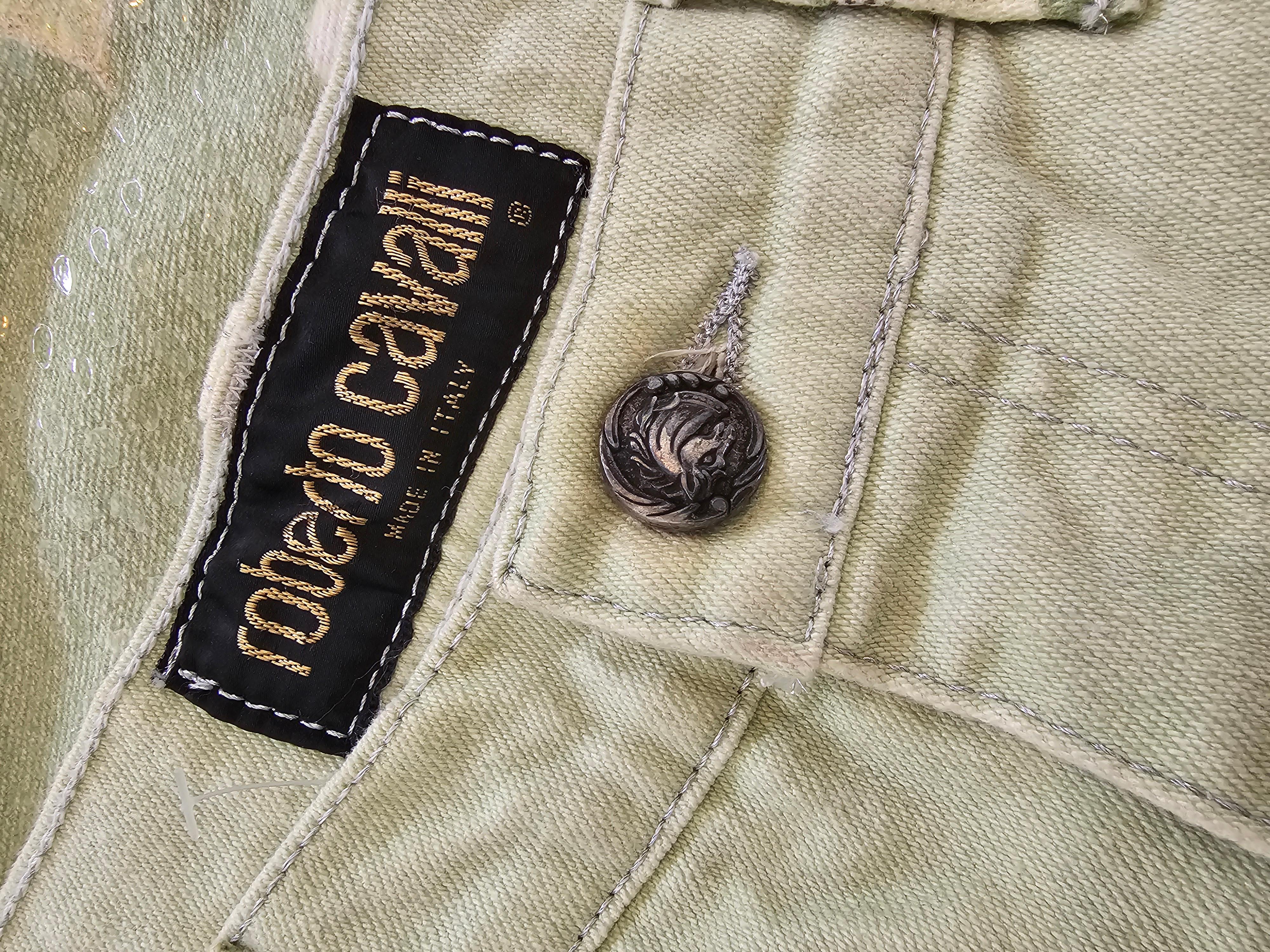 Roberto Cavalli 90s Pale Green Blossom Birds Jeans Vintage For Sale 2